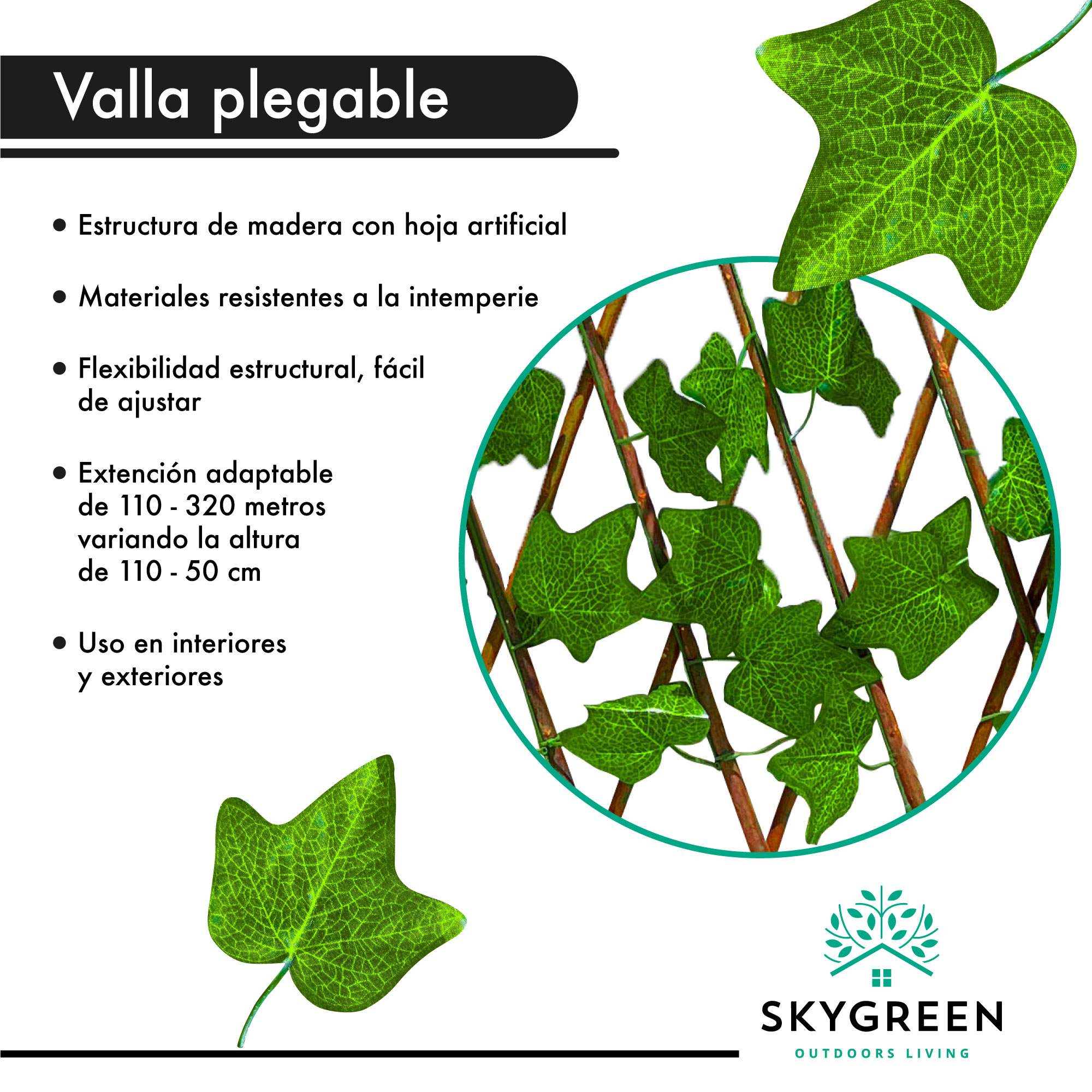 Muro Verde Valla Expandible 125 x 35cm Hoja Artificial 1pz 