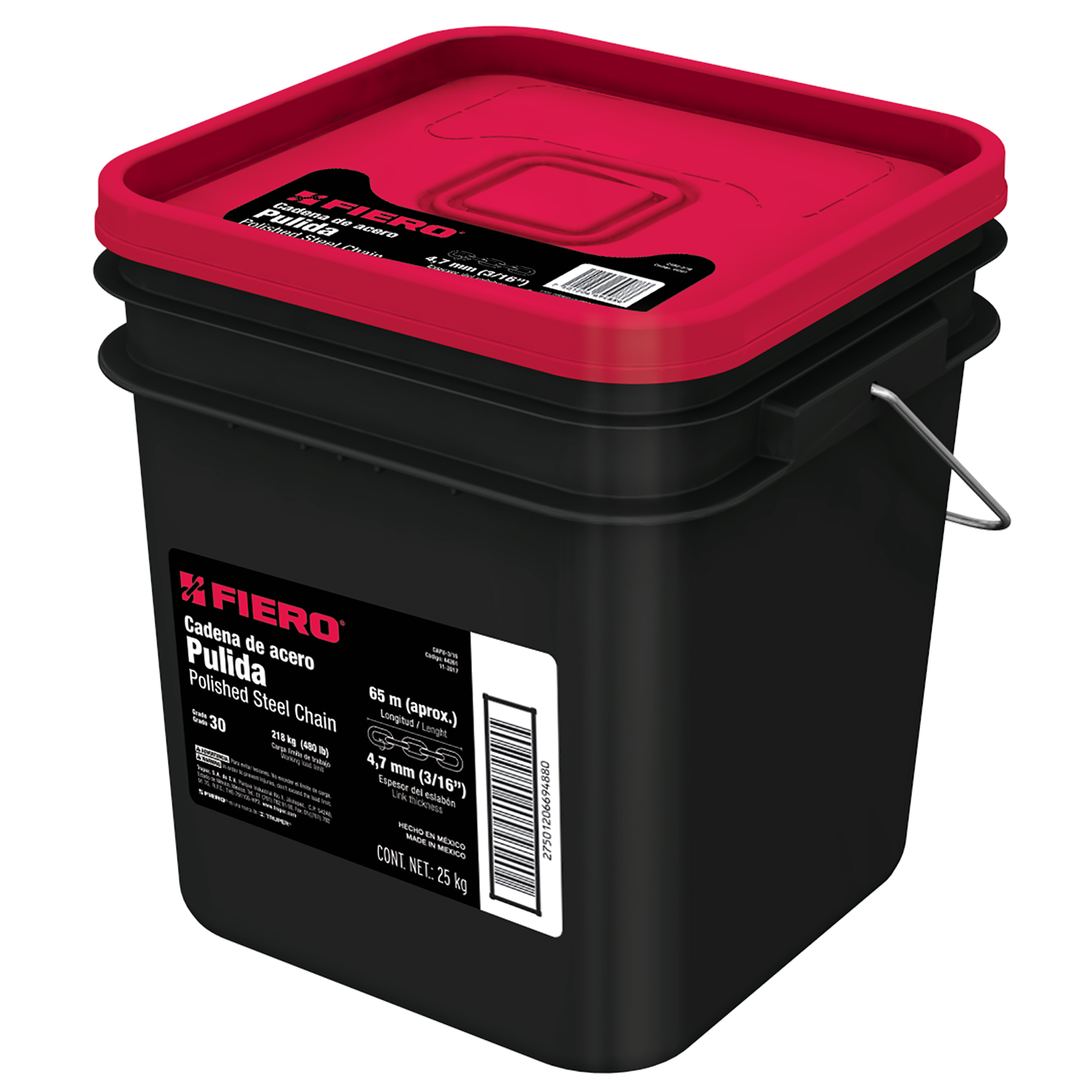 METRO DE CADENA PULIDA DE 3/16", 65 M EN CUBETA, FIERO 44261