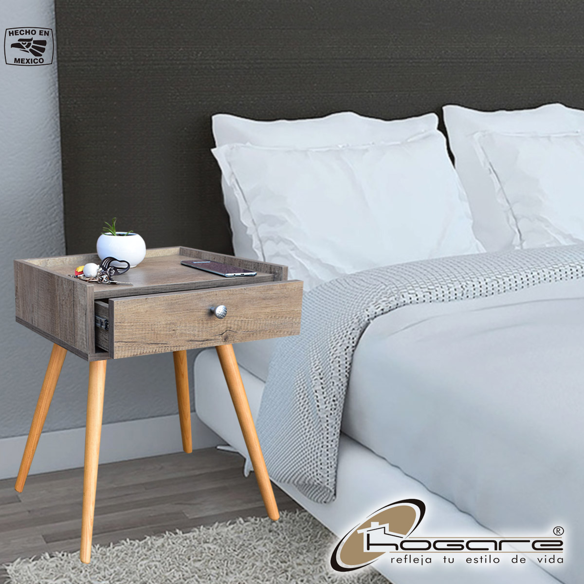 Buro Marsella o mesa de noche Hogare, Minimalista, Fácil armado, Fabricado en melamina texturizada color Rustik Wood