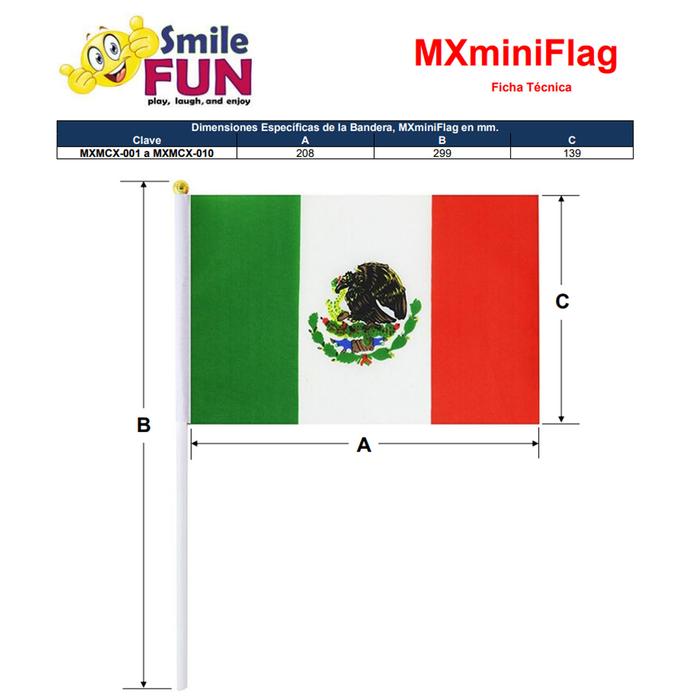 Banderas para Escuelas MXMCX-005-3 25 Pzas 14x21cm Tela Poliéster Asta Plástico Tricolor, MXminiFlag