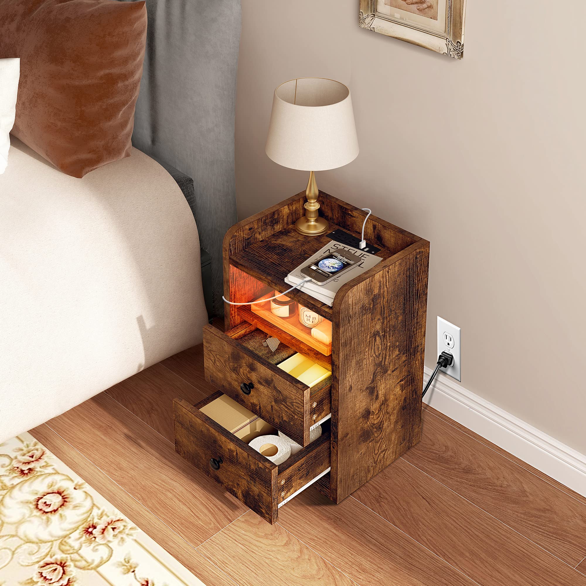 Buro Mesa De Noche Madera Fabato Con Luz Led Rgb Estación De Carga Usb Fa0122-brn