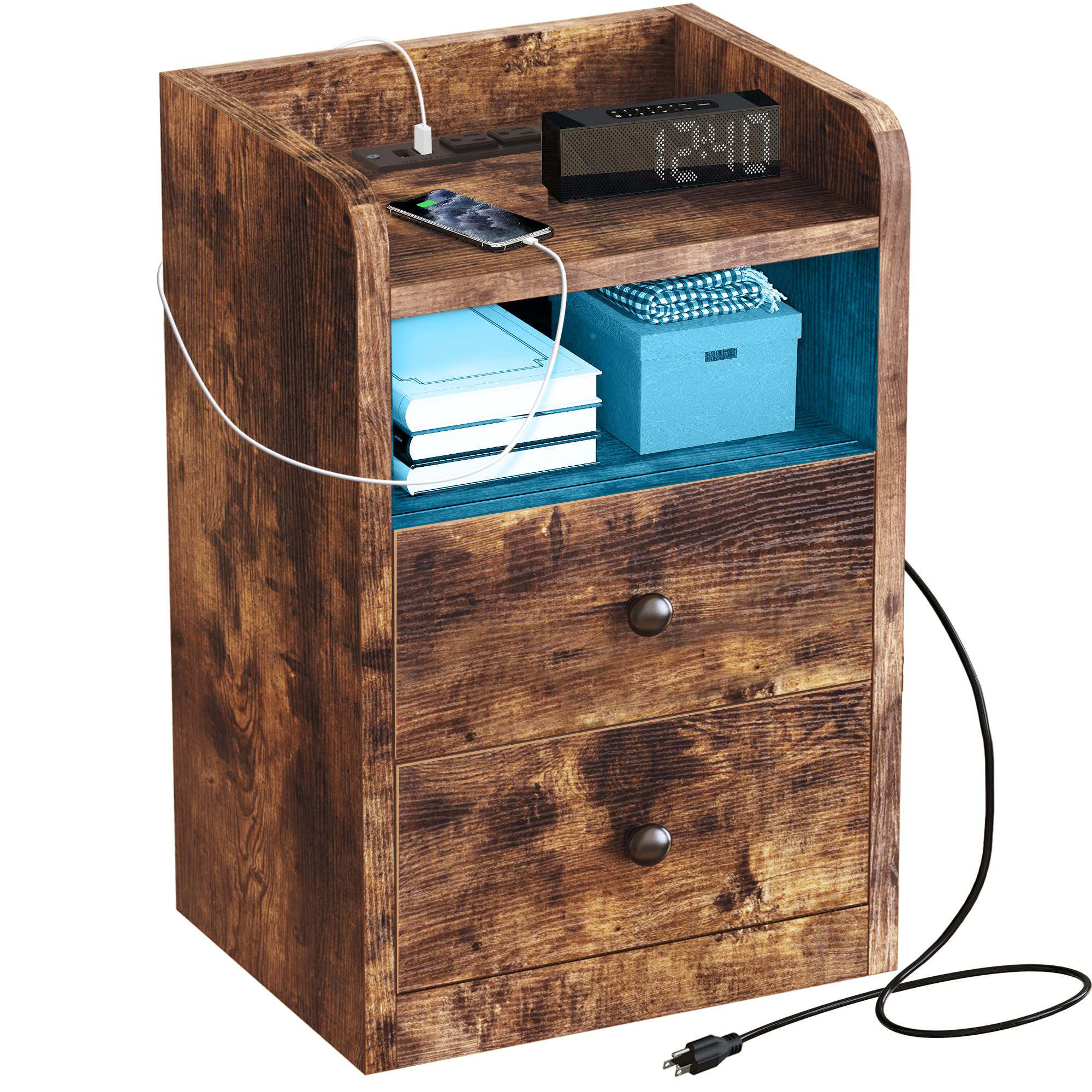 Buro Mesa De Noche Madera Fabato Con Luz Led Rgb Estación De Carga Usb Fa0122-brn