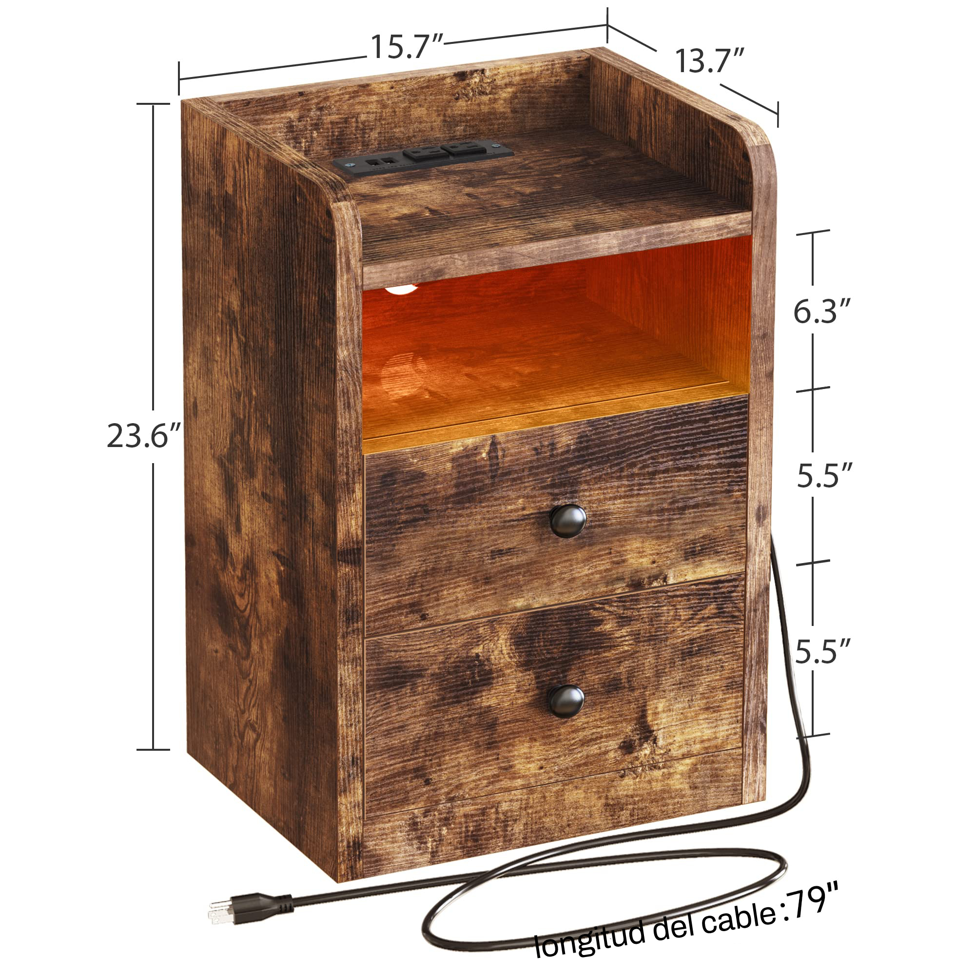 Buro Mesa De Noche Madera Fabato Con Luz Led Rgb Estación De Carga Usb Fa0122-brn