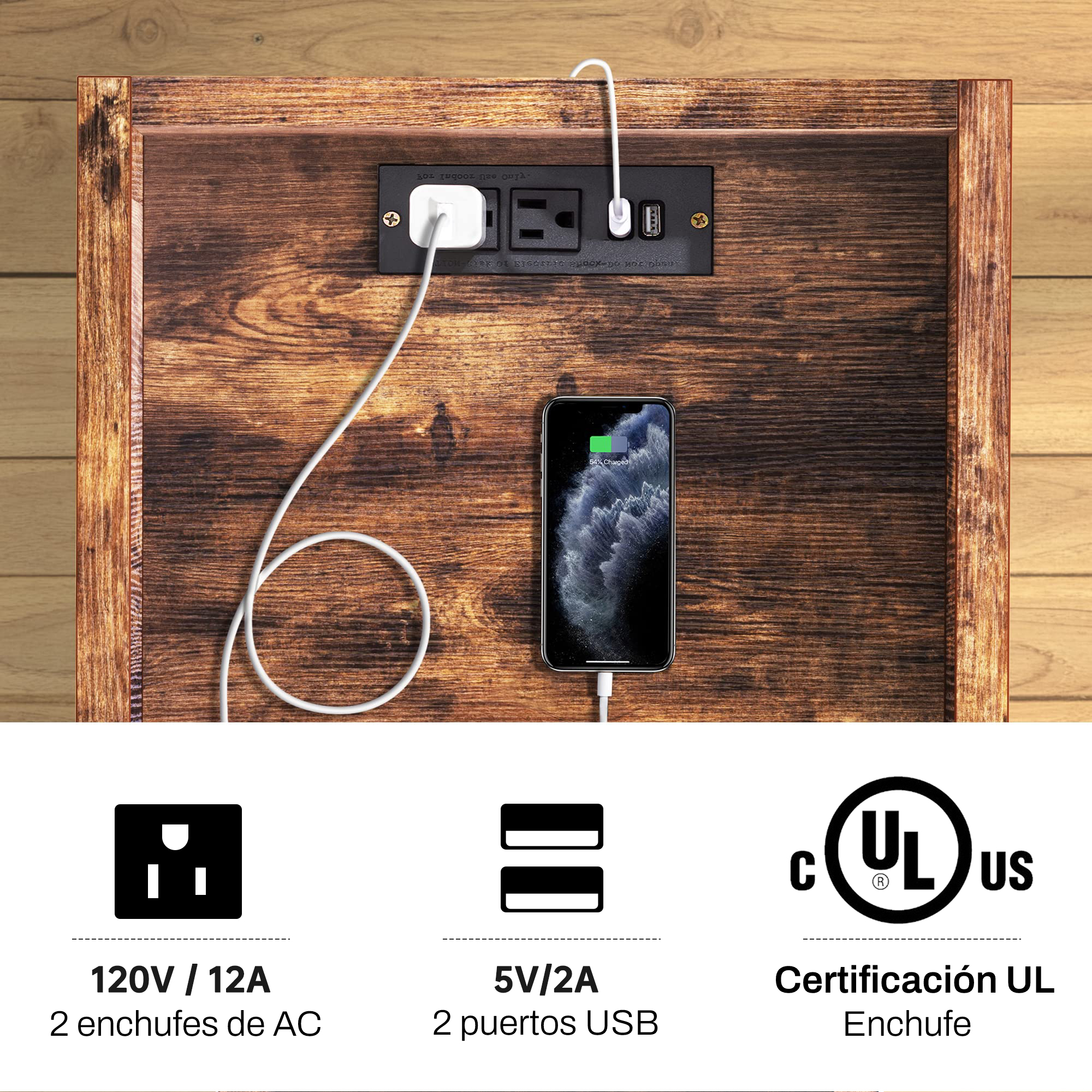 Buro Mesa De Noche Madera Fabato Con Luz Led Rgb Estación De Carga Usb Fa0122-brn