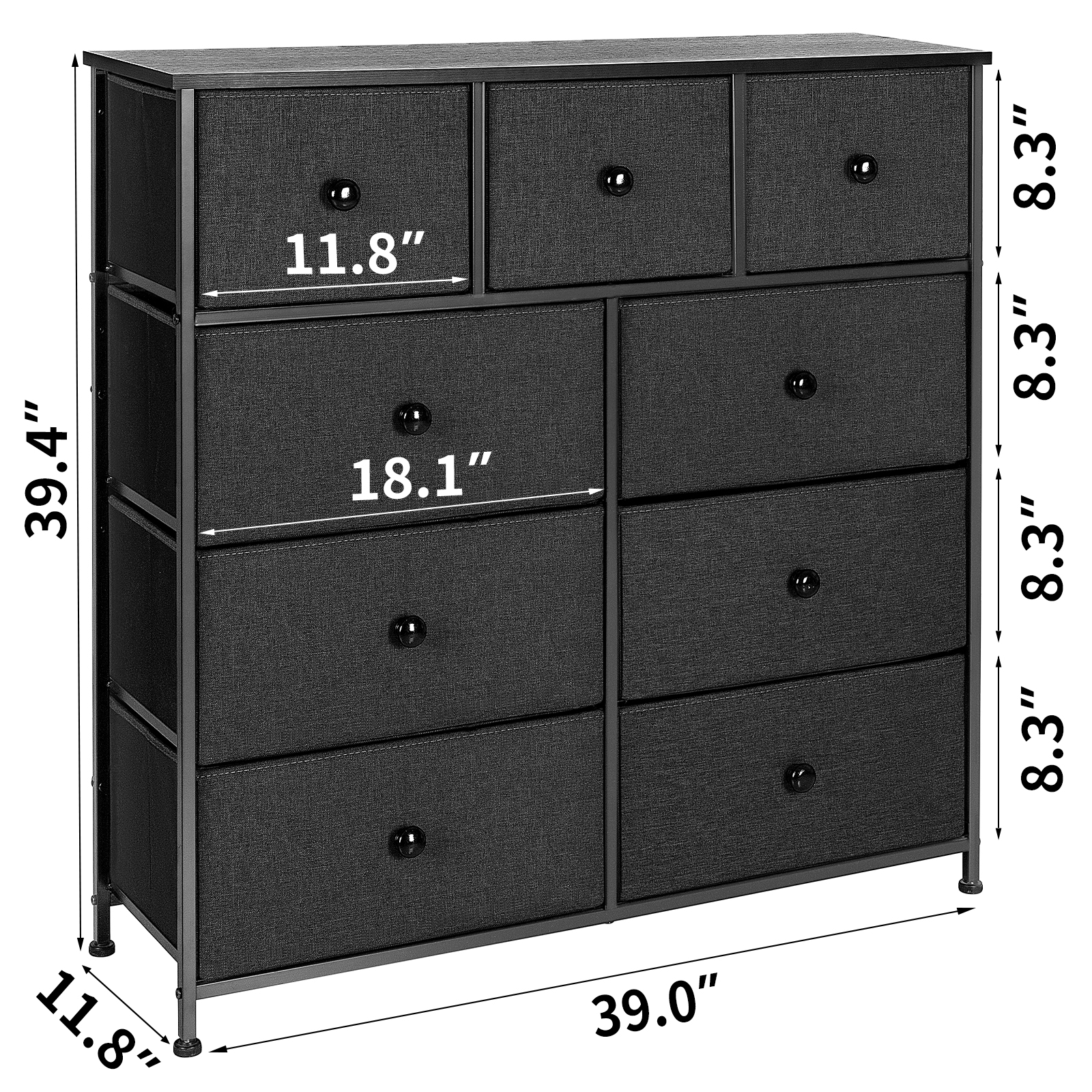 Comoda De 9 Cajones Fabato De Tela Marco De Acero Plegable Cajonera Fa5469-blk