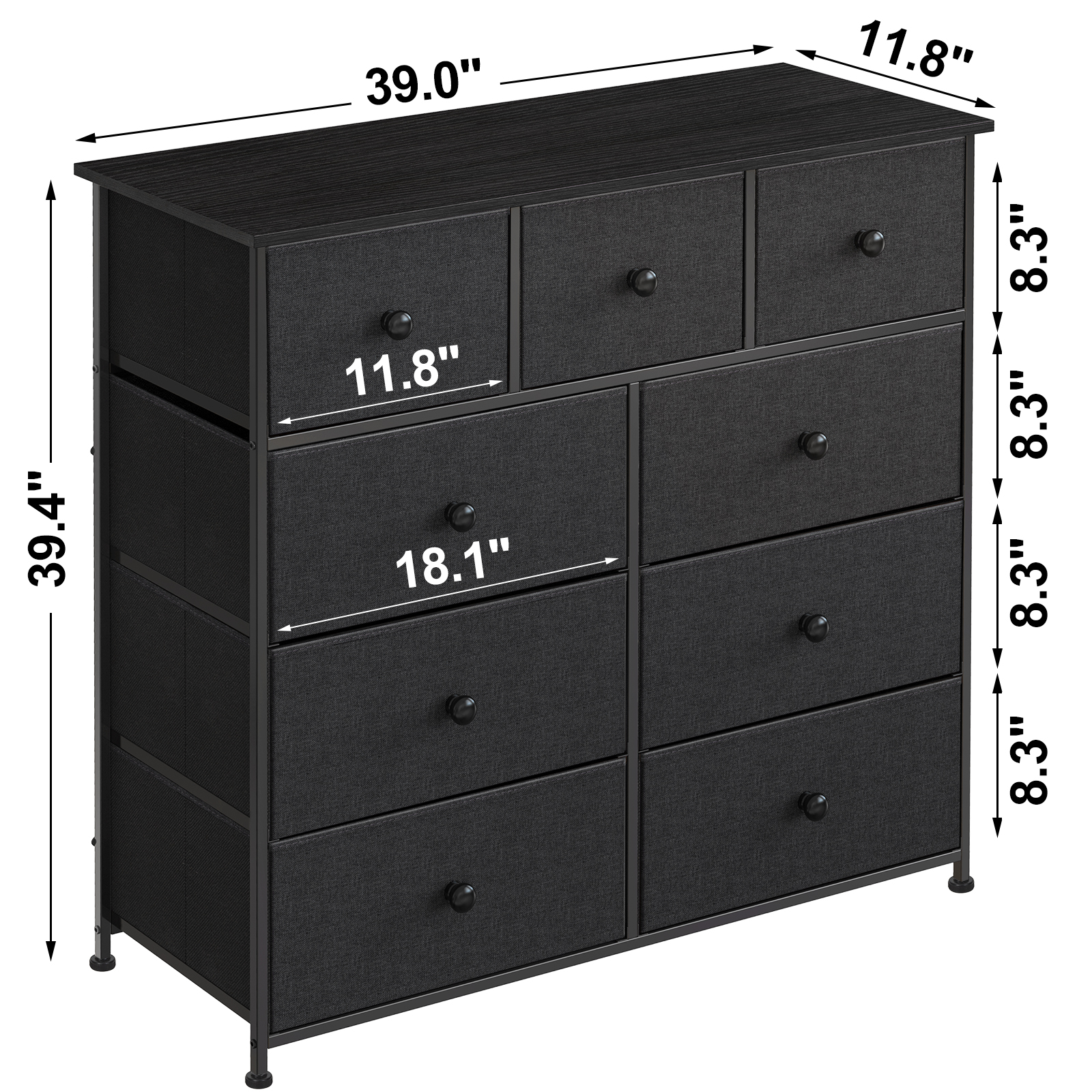 Comoda De 9 Cajones Fabato De Tela Marco De Acero Plegable Cajonera Fa5469-blk