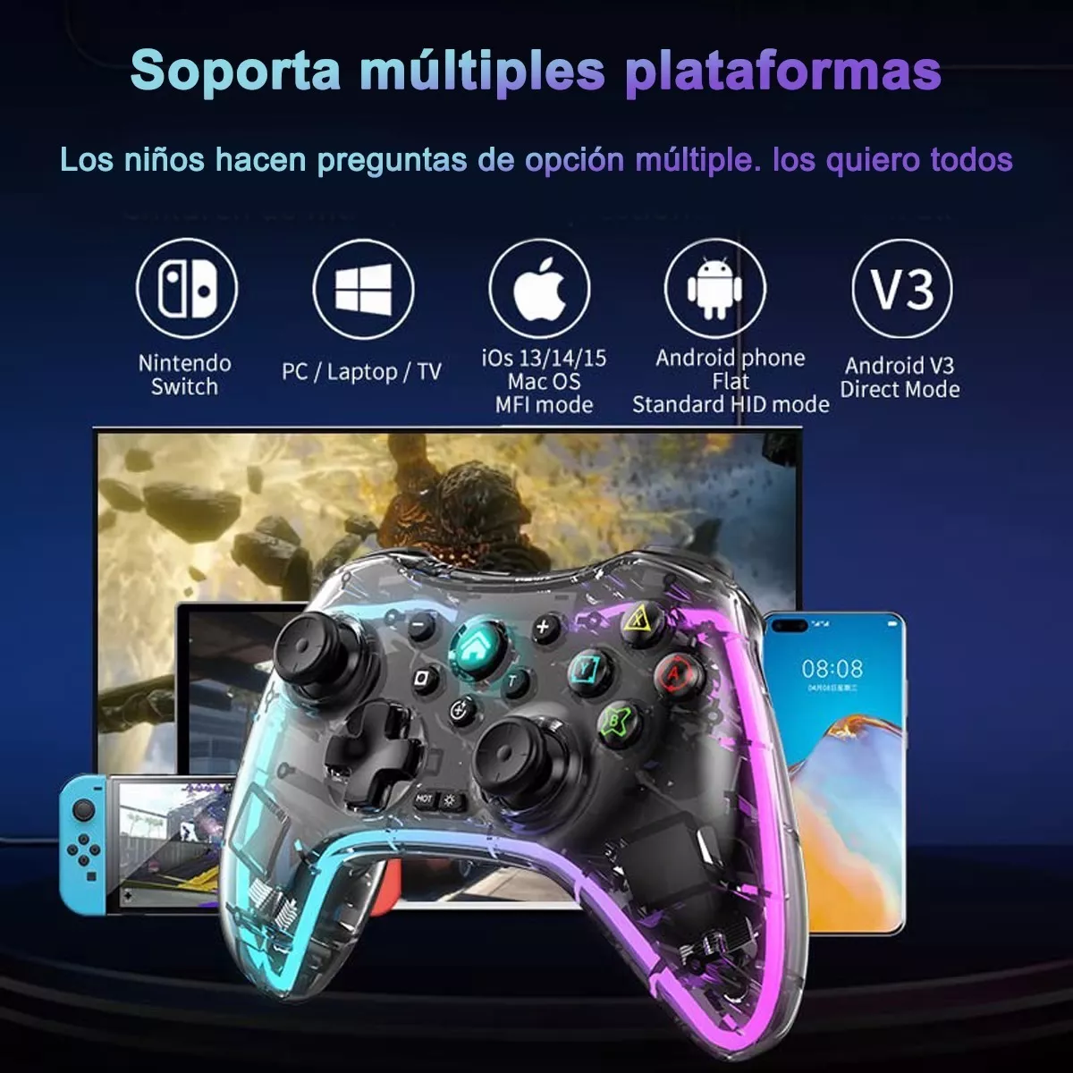 Control Inalámbrico Gamepad Para Switch/pc Transparente Rgb