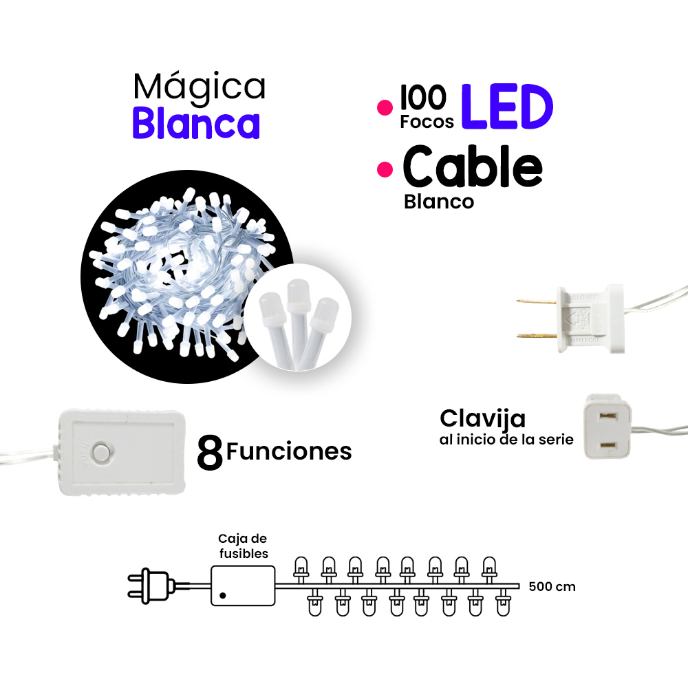Serie Navideña 100 Led Luz Blanca 8 Funciones 5 Mts Foco 8mm