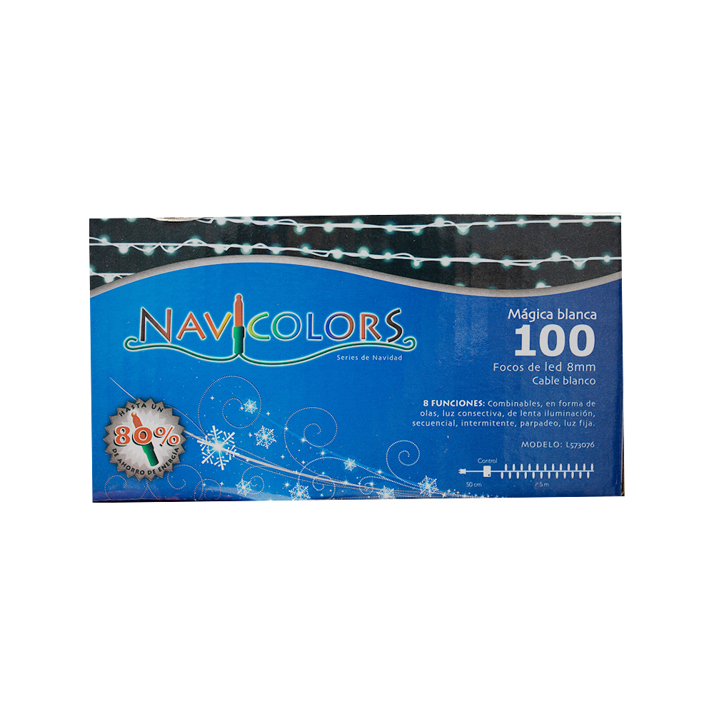 Serie Navideña 100 Led Luz Blanca 8 Funciones 5 Mts Foco 8mm