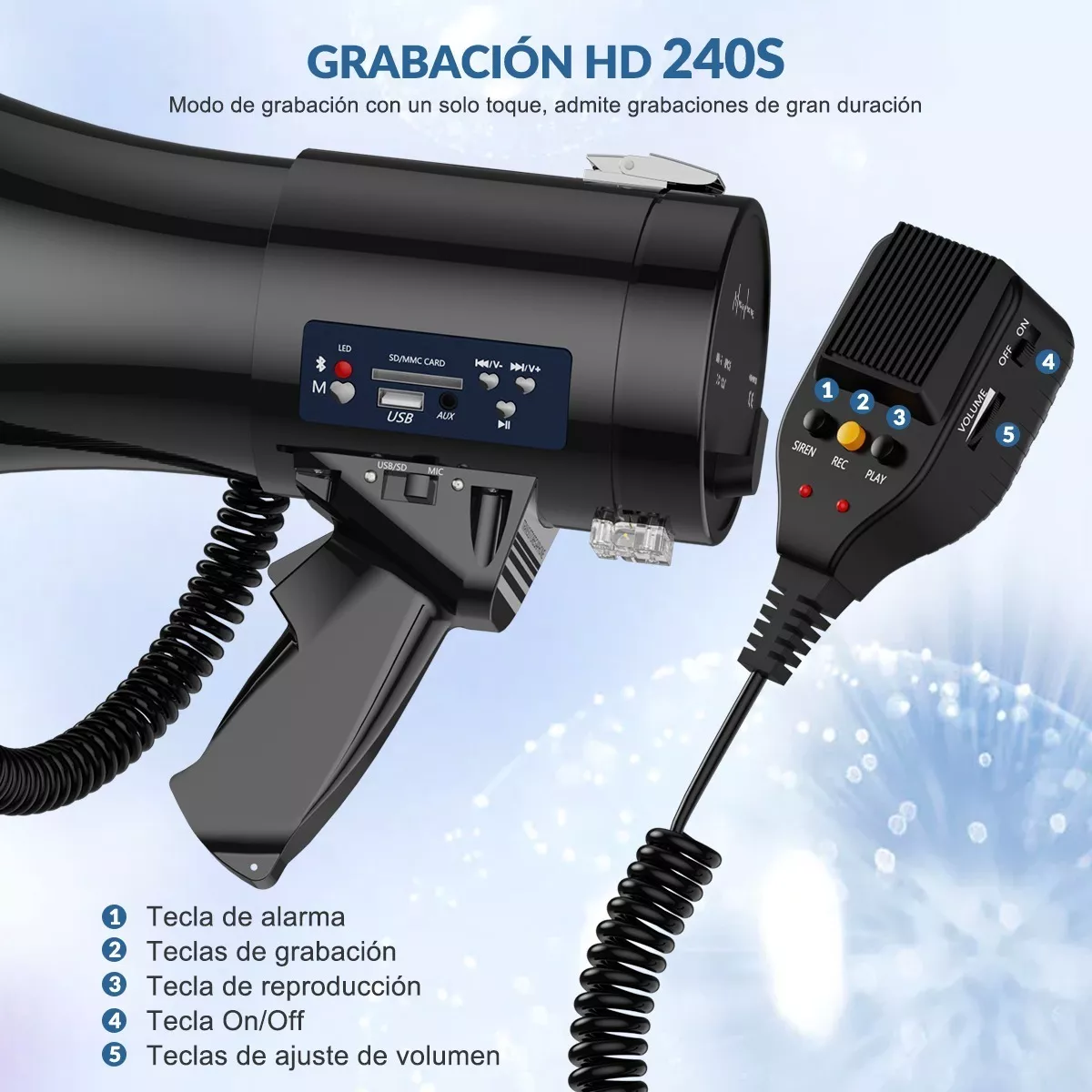 Megafono Recargable Con Grabador Y Sirena Usb/sd 20000hz