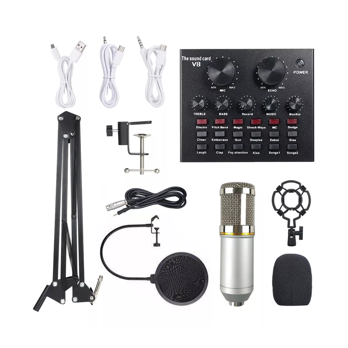 Kit Micrófono Plata De Condensador Con Tarjeta De Sonido V8