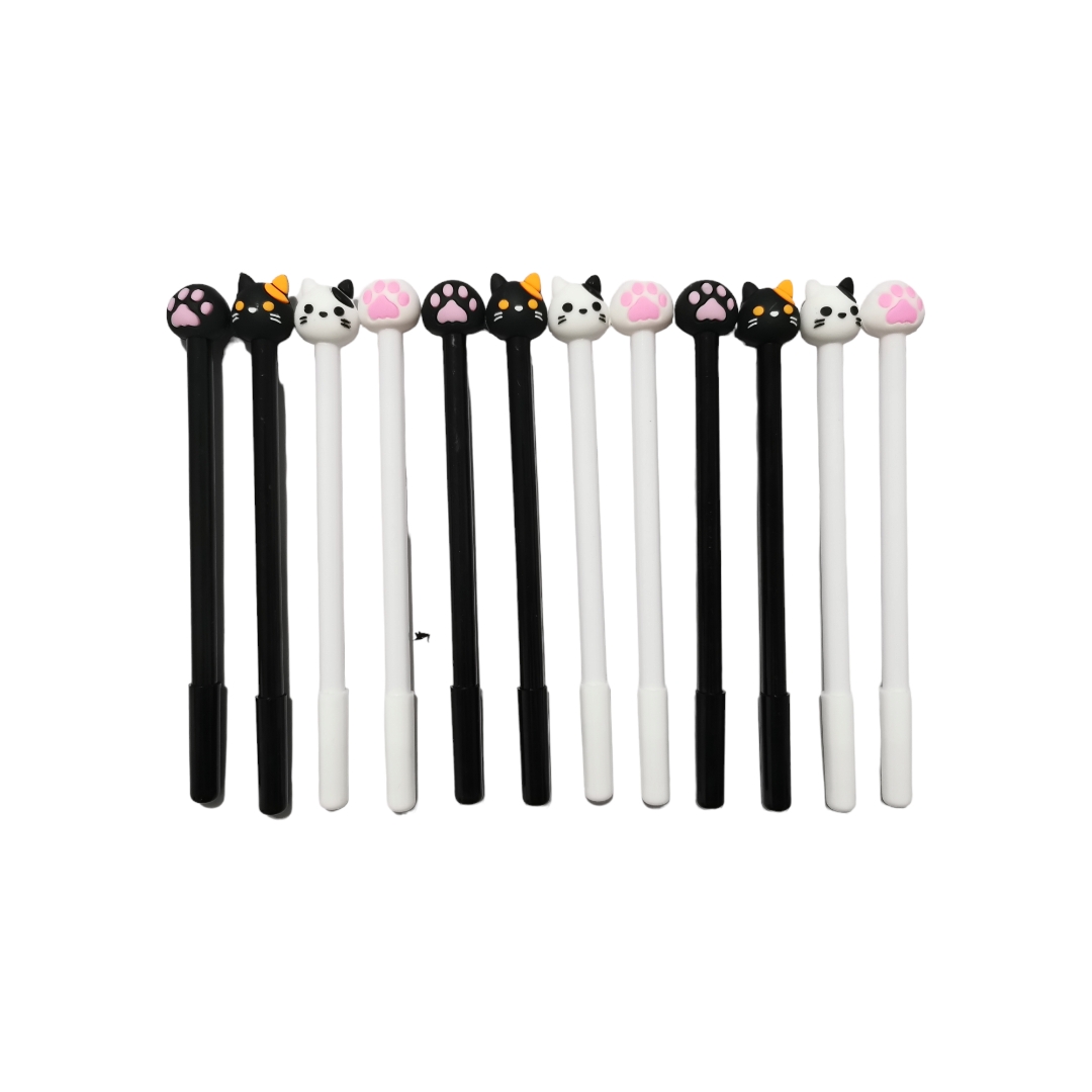 Set de 12 plumas Kawai Gato y huella tinta negra de gel 