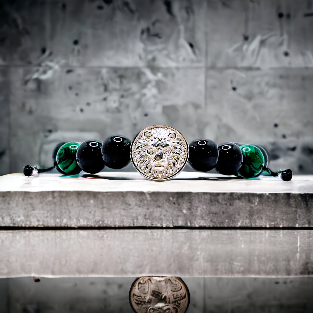 Pulsera león plata .925 de piedra ónix y malaquita