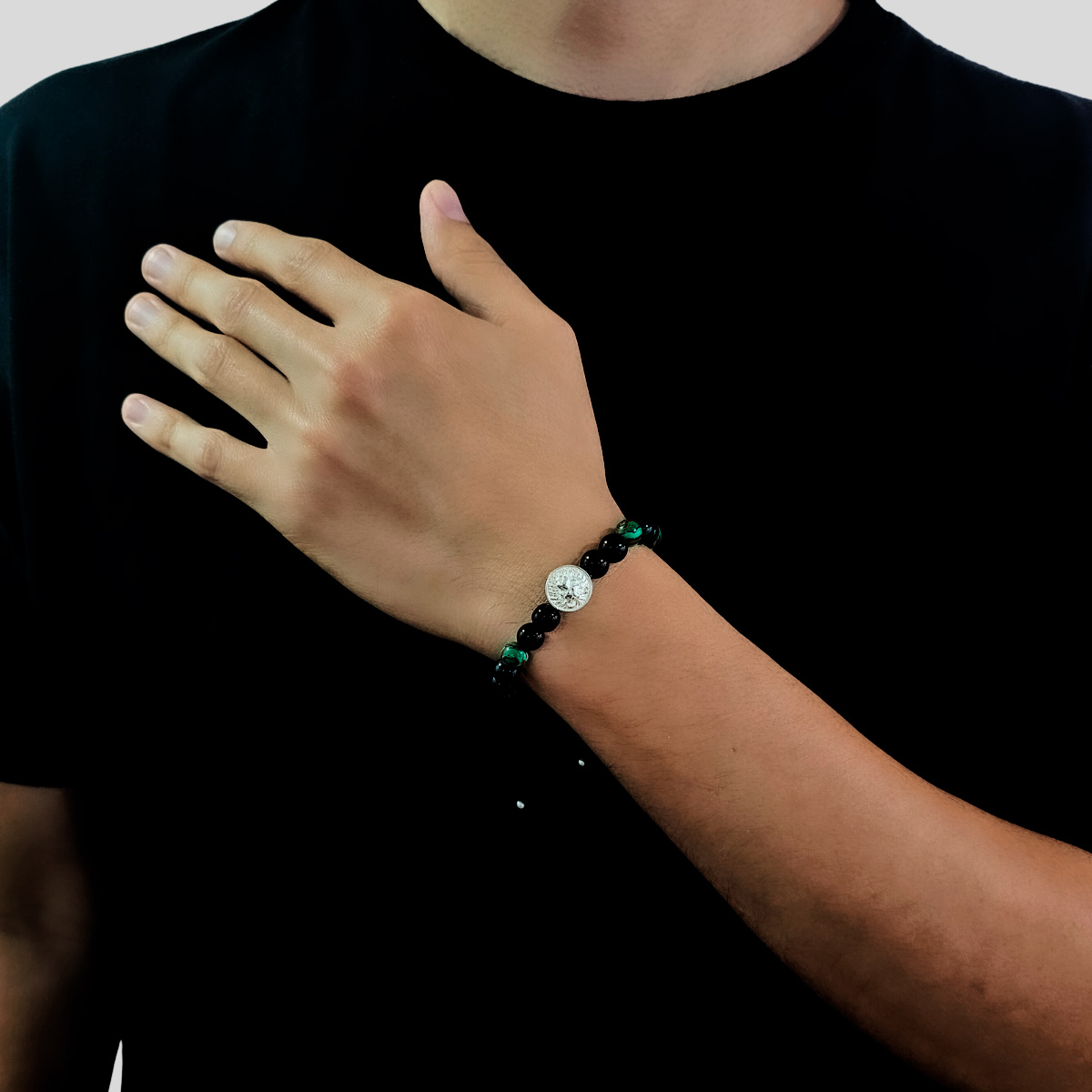 Pulsera león plata .925 de piedra ónix y malaquita