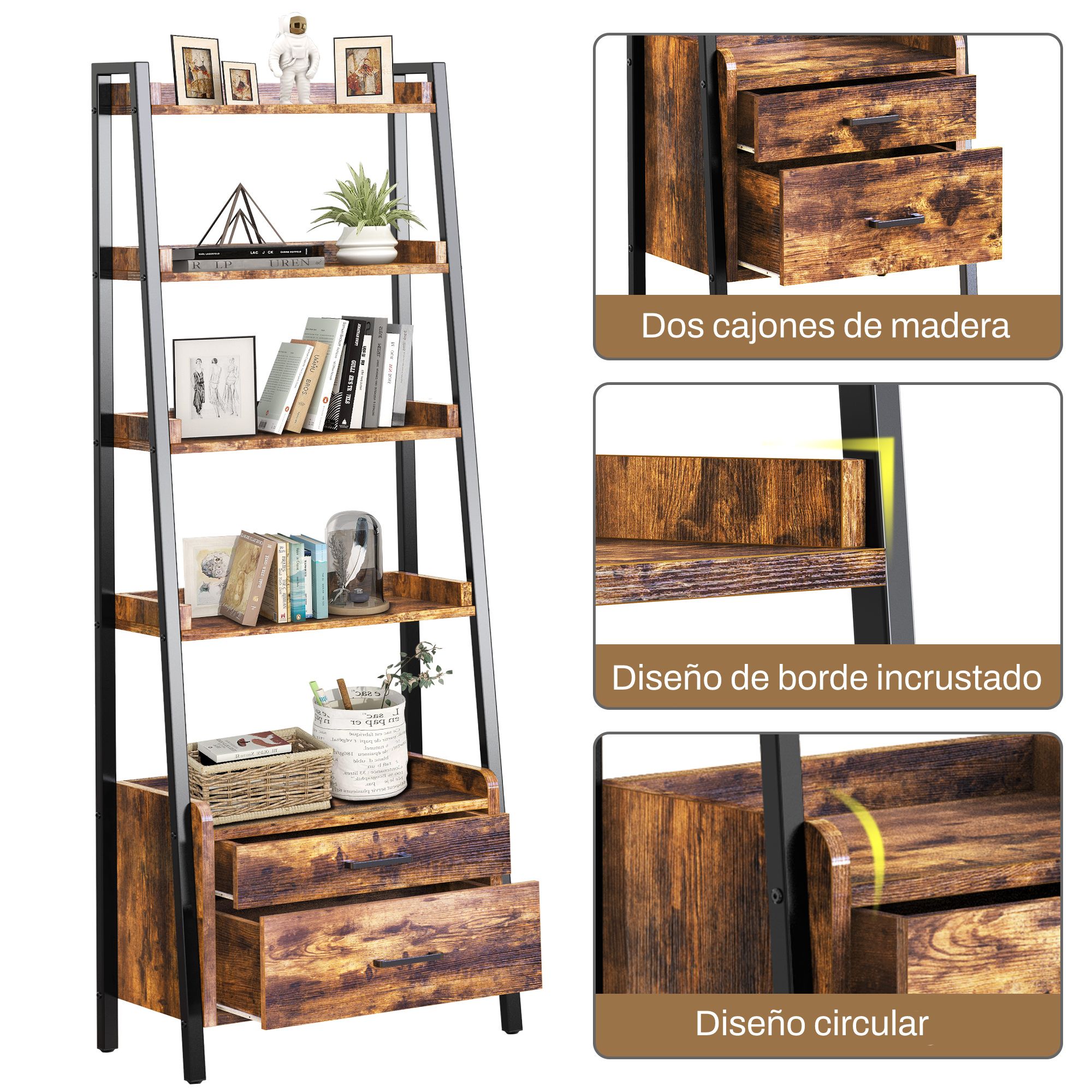 Estante Librero Fabato Organizador Tipo Escalera 5 Niveles Rustico