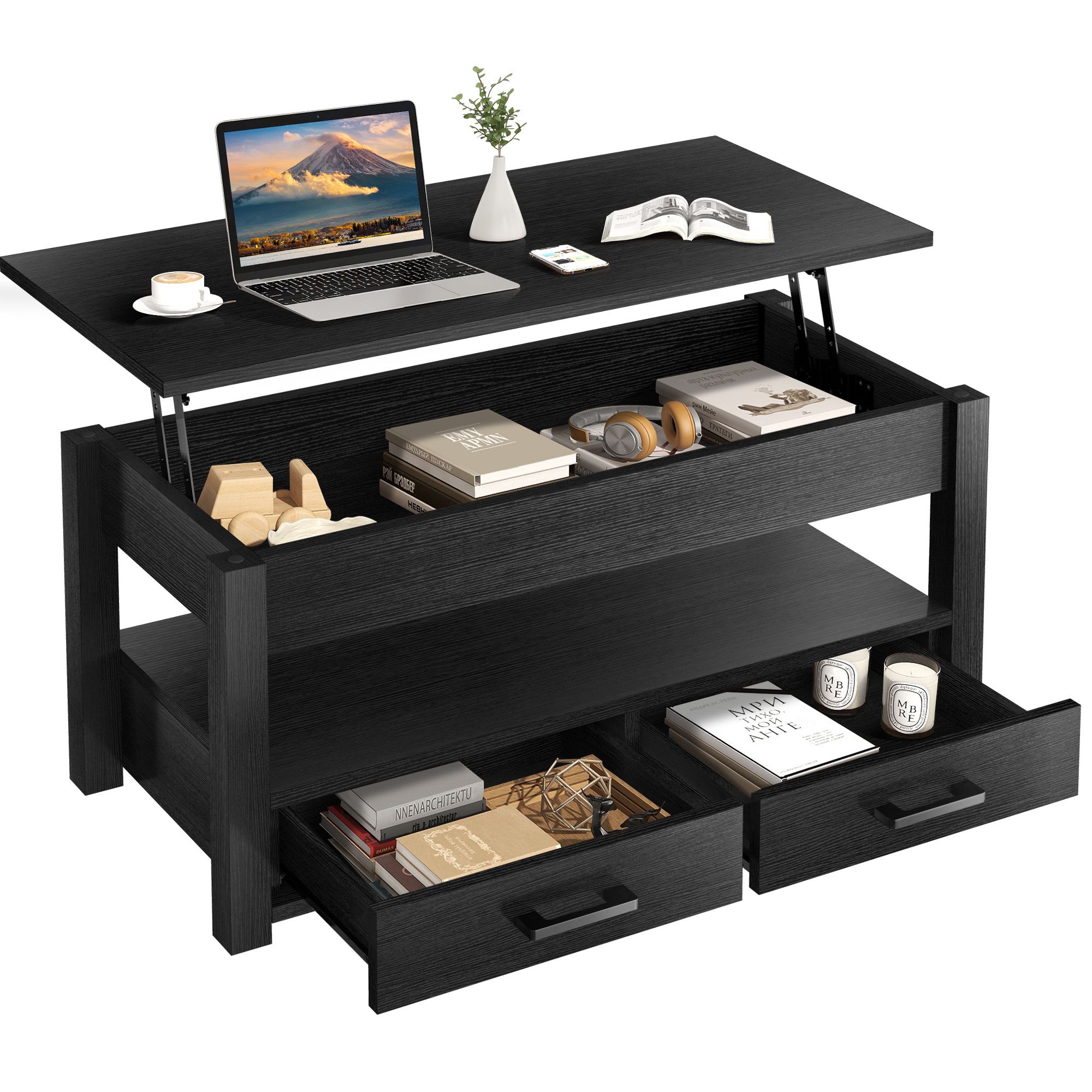 Mesa De Centro Fabato De Madera Rustica Elevable 2 Cajones Abatible Fa2101-blk