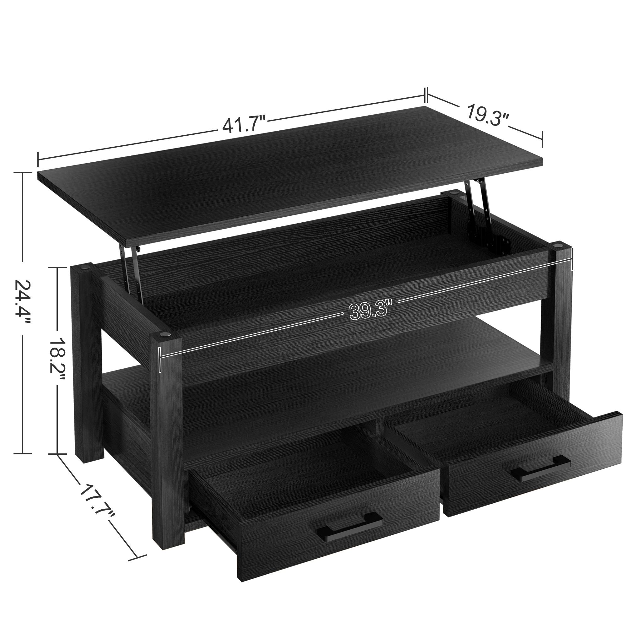 Mesa De Centro Fabato De Madera Rustica Elevable 2 Cajones Abatible Fa2101-blk
