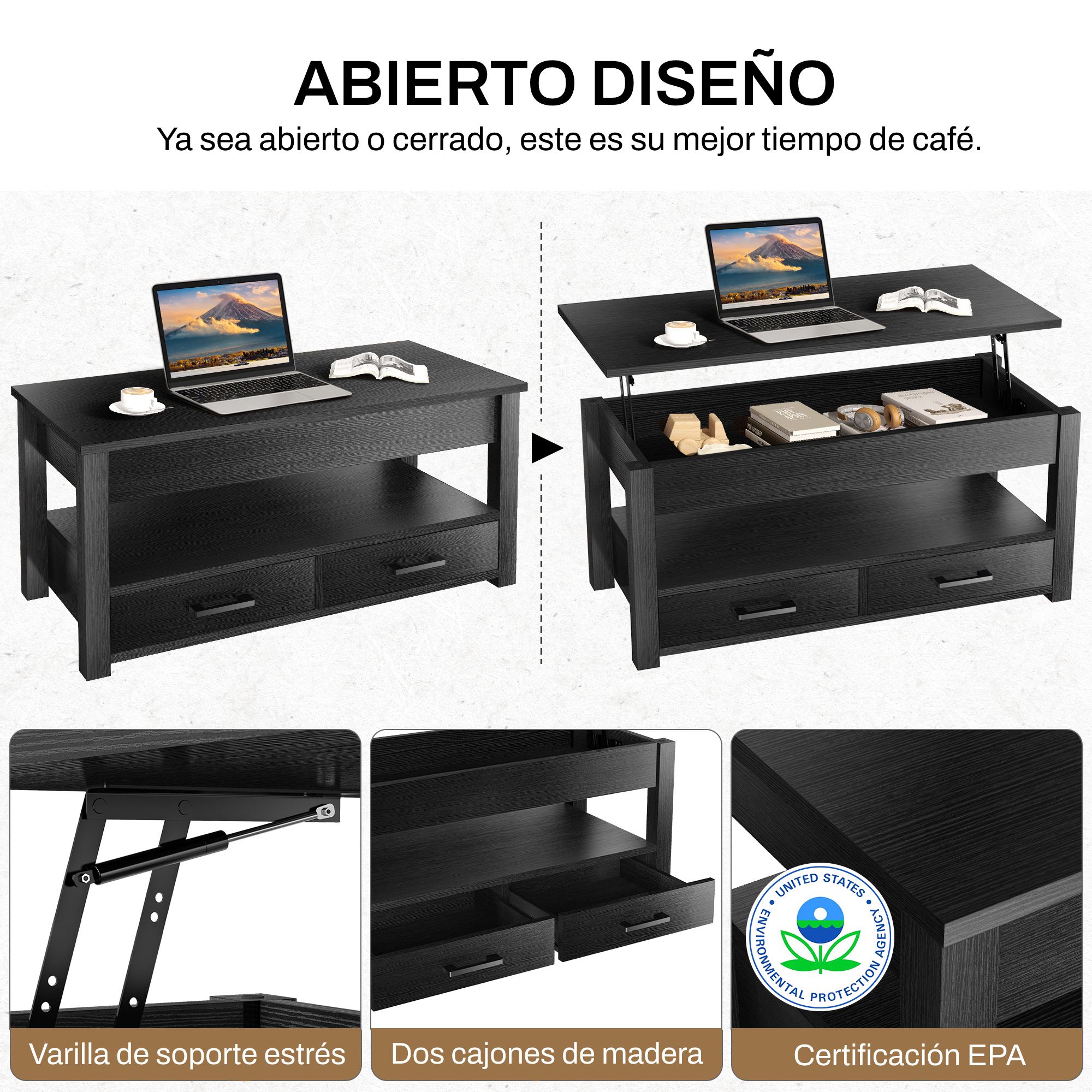 Mesa De Centro Fabato De Madera Rustica Elevable 2 Cajones Abatible Fa2101-blk