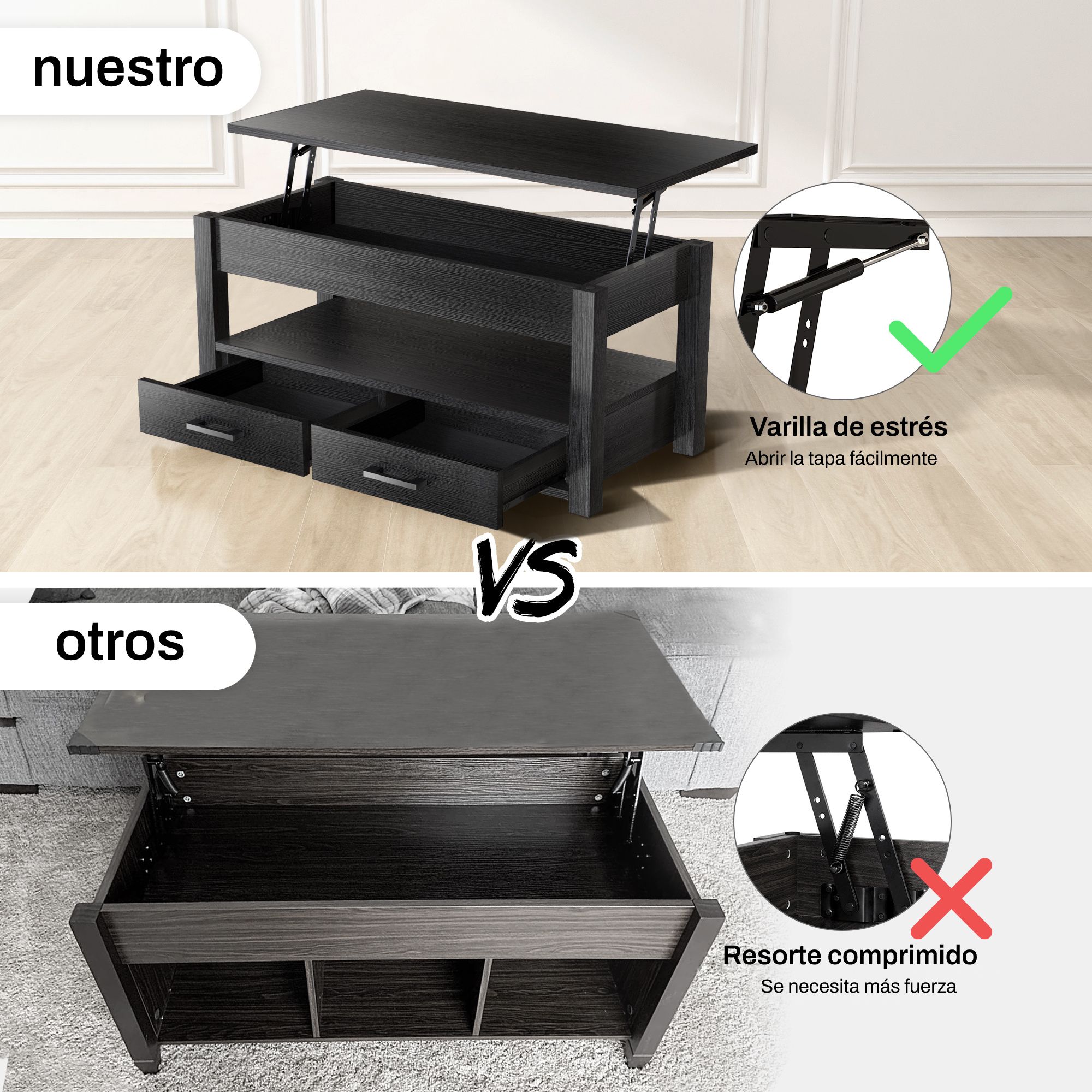 Mesa De Centro Fabato De Madera Rustica Elevable 2 Cajones Abatible Fa2101-blk