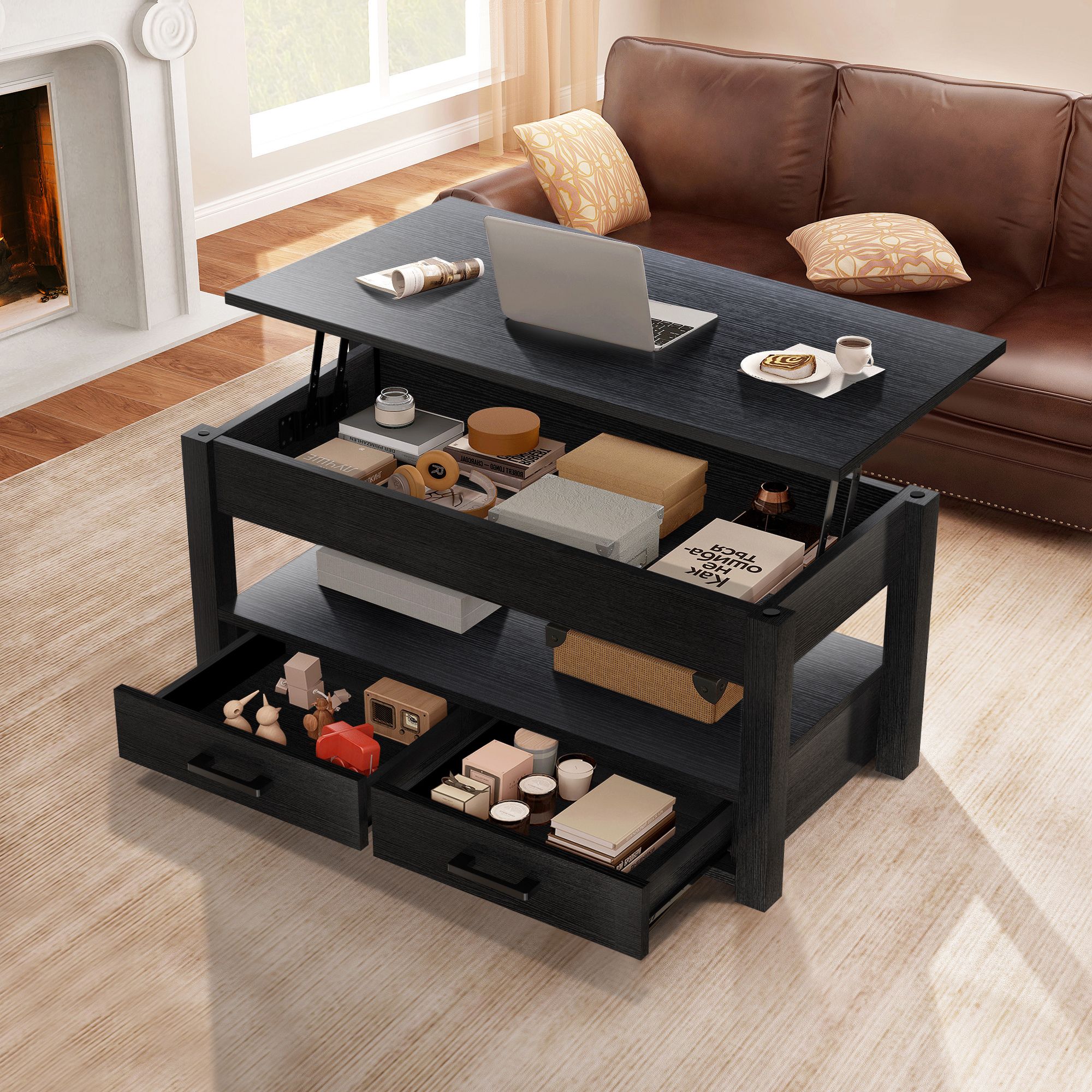 Mesa De Centro Fabato De Madera Rustica Elevable 2 Cajones Abatible Fa2101-blk