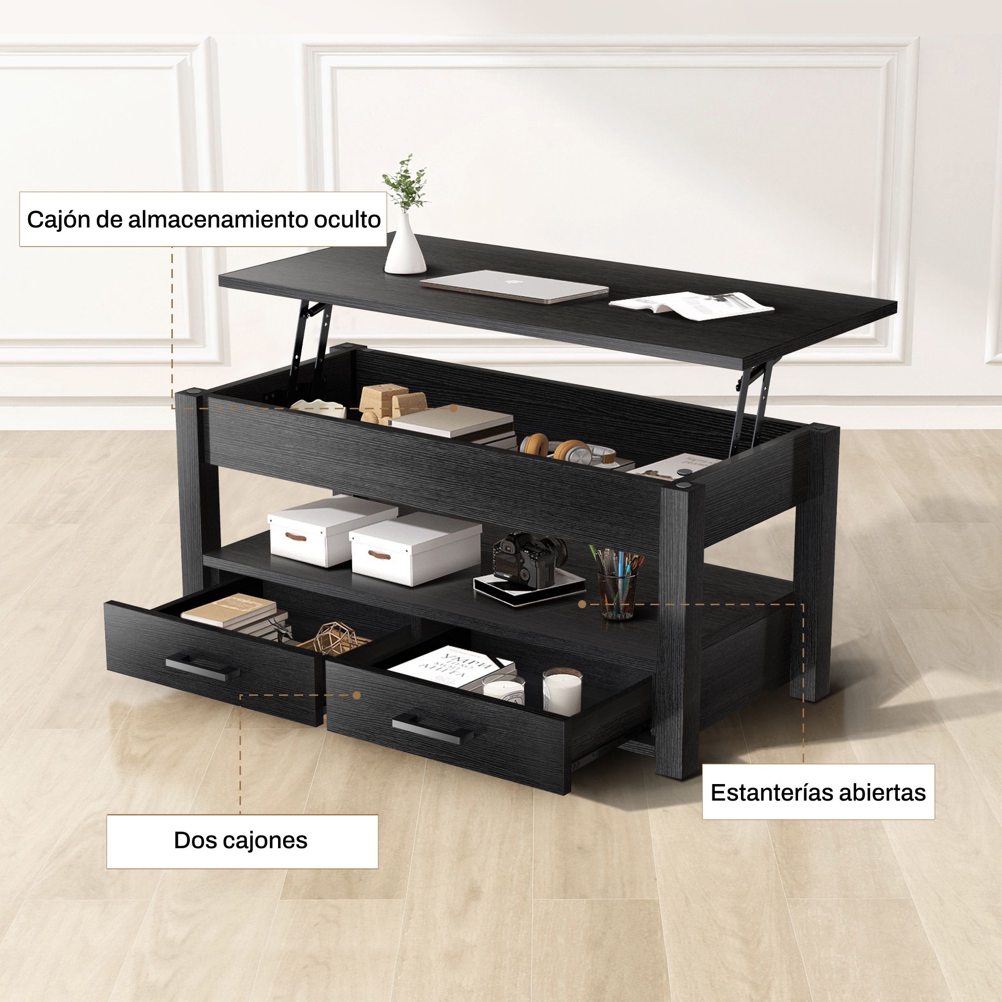 Mesa De Centro Fabato De Madera Rustica Elevable 2 Cajones Abatible Fa2101-blk