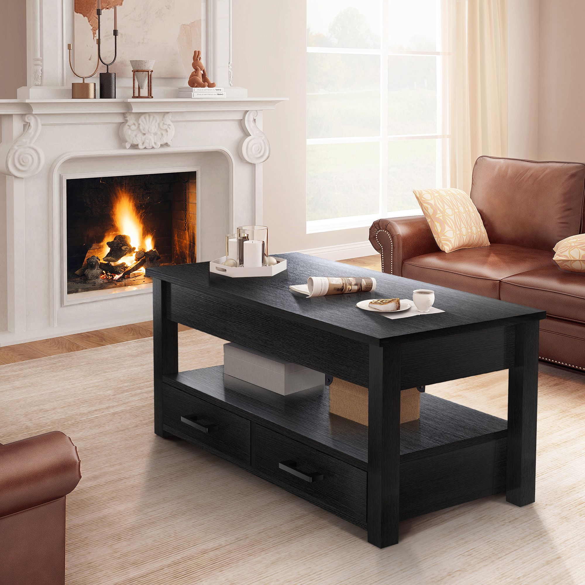 Mesa De Centro Fabato De Madera Rustica Elevable 2 Cajones Abatible Fa2101-blk