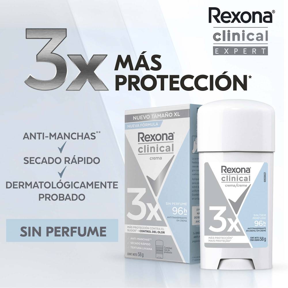 Rexona Clinical Desodorante Antitranspirante en Crema, Unisex, Sin Perfume, Piel Sensible, Tamaño XL, 3 Piezas