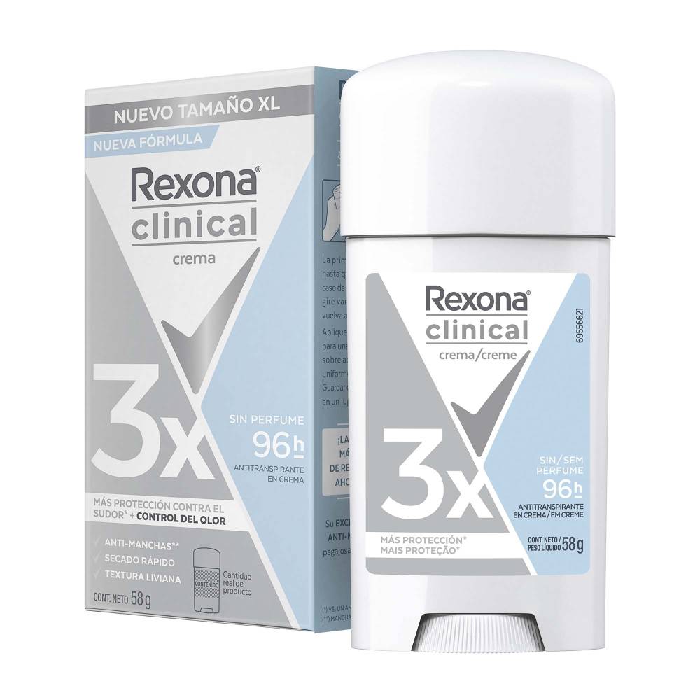 Rexona Clinical Desodorante Antitranspirante en Crema, Unisex, Sin Perfume, Piel Sensible, Tamaño XL, 3 Piezas