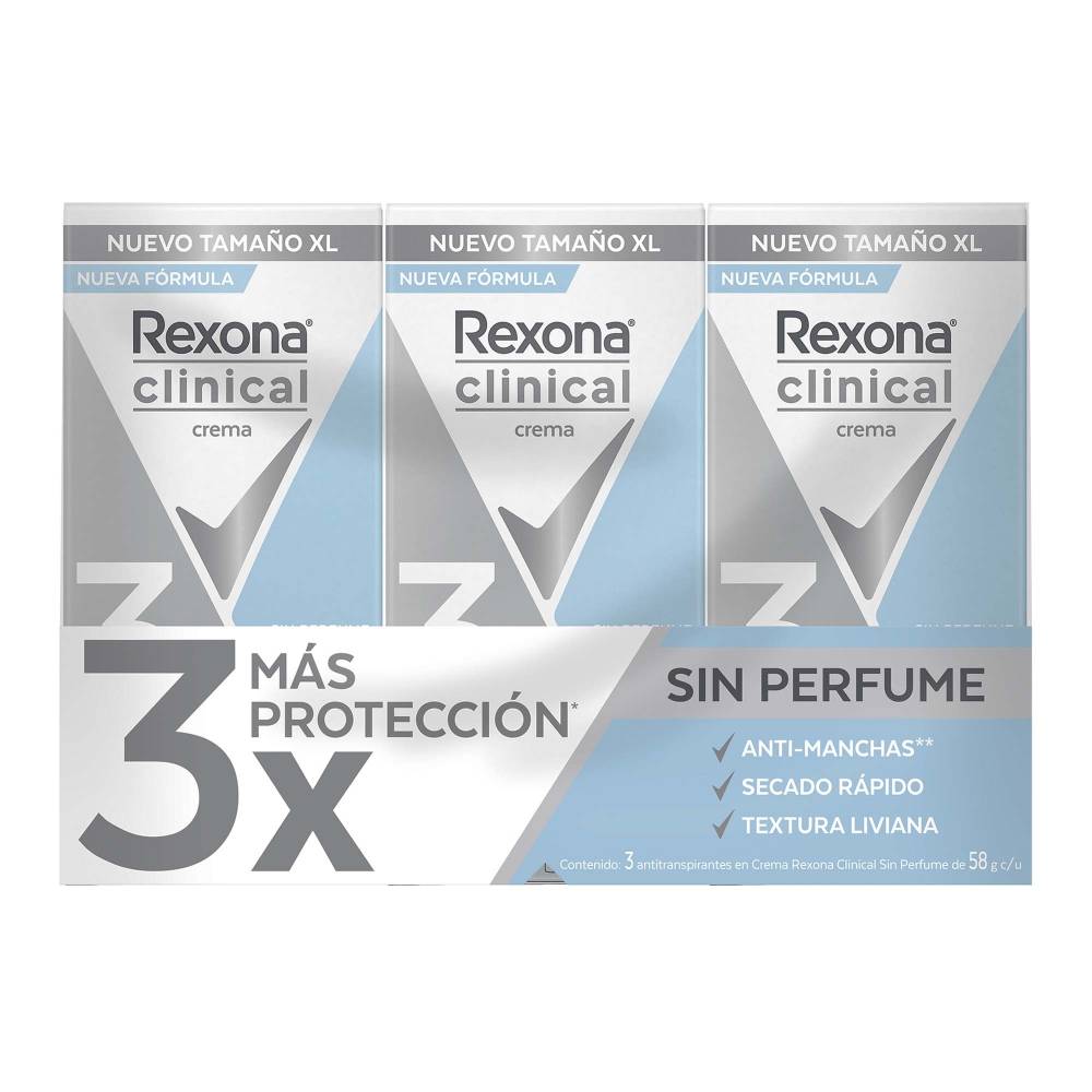 Rexona Clinical Desodorante Antitranspirante en Crema, Unisex, Sin Perfume, Piel Sensible, Tamaño XL, 3 Piezas