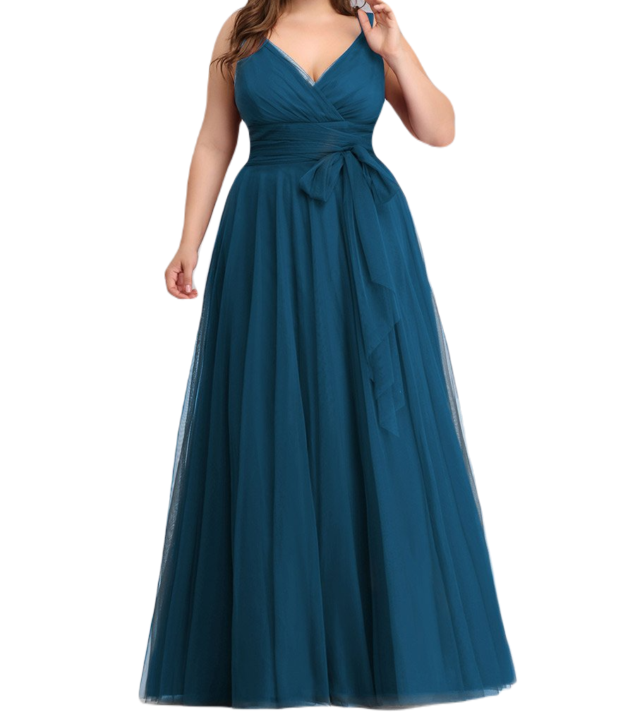 Vestido Elegante de Fiesta Largo Azul Petróleo Curvy Damas Honor o Invitada con Tul Tallas Ch a Talla Extra
