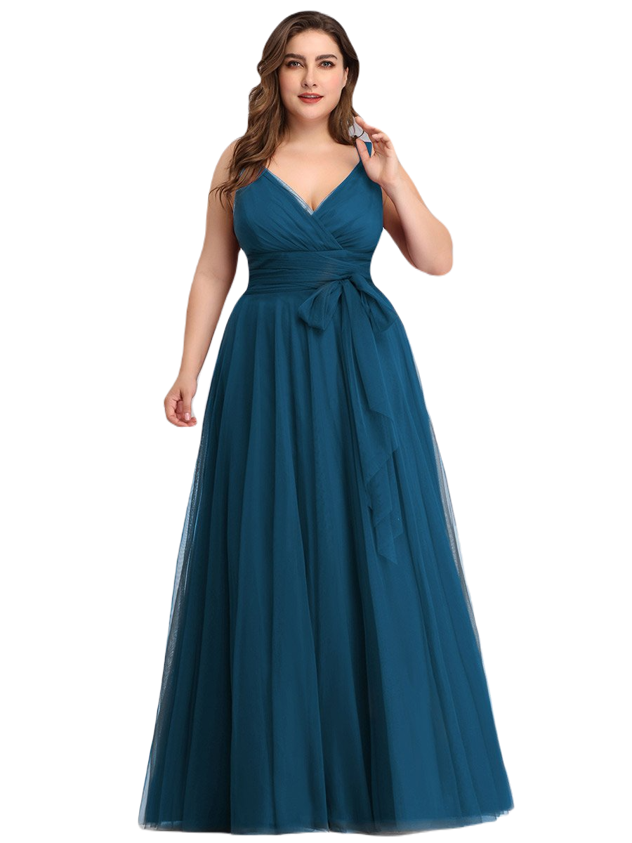 Vestido Elegante de Fiesta Largo Azul Petróleo Curvy Damas Honor o Invitada con Tul Tallas Ch a Talla Extra