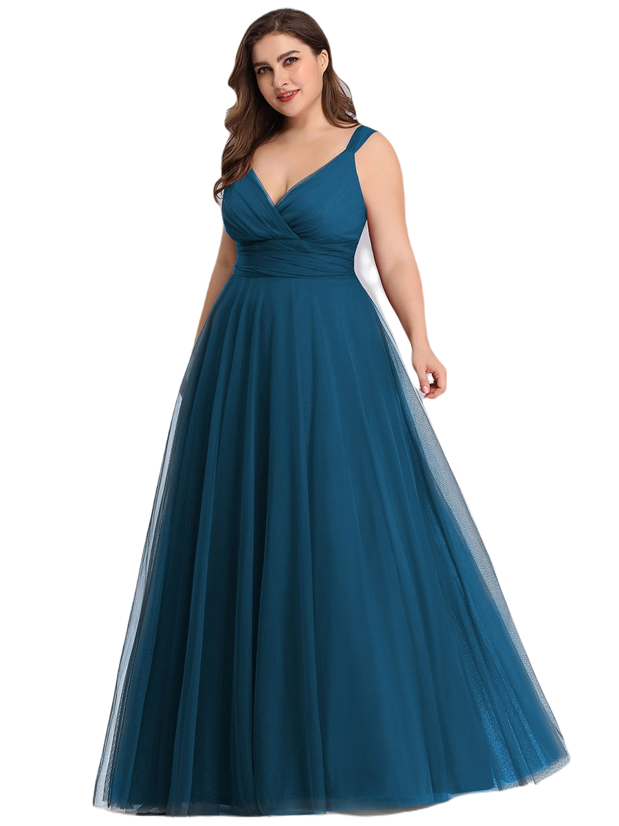 Vestido Elegante de Fiesta Largo Azul Petróleo Curvy Damas Honor o Invitada con Tul Tallas Ch a Talla Extra