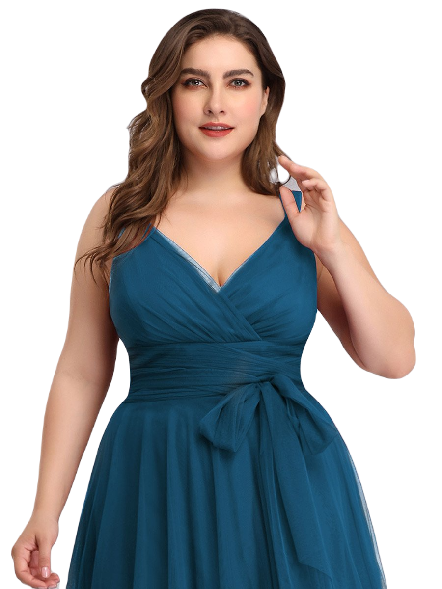 Vestido Elegante de Fiesta Largo Azul Petróleo Curvy Damas Honor o Invitada con Tul Tallas Ch a Talla Extra
