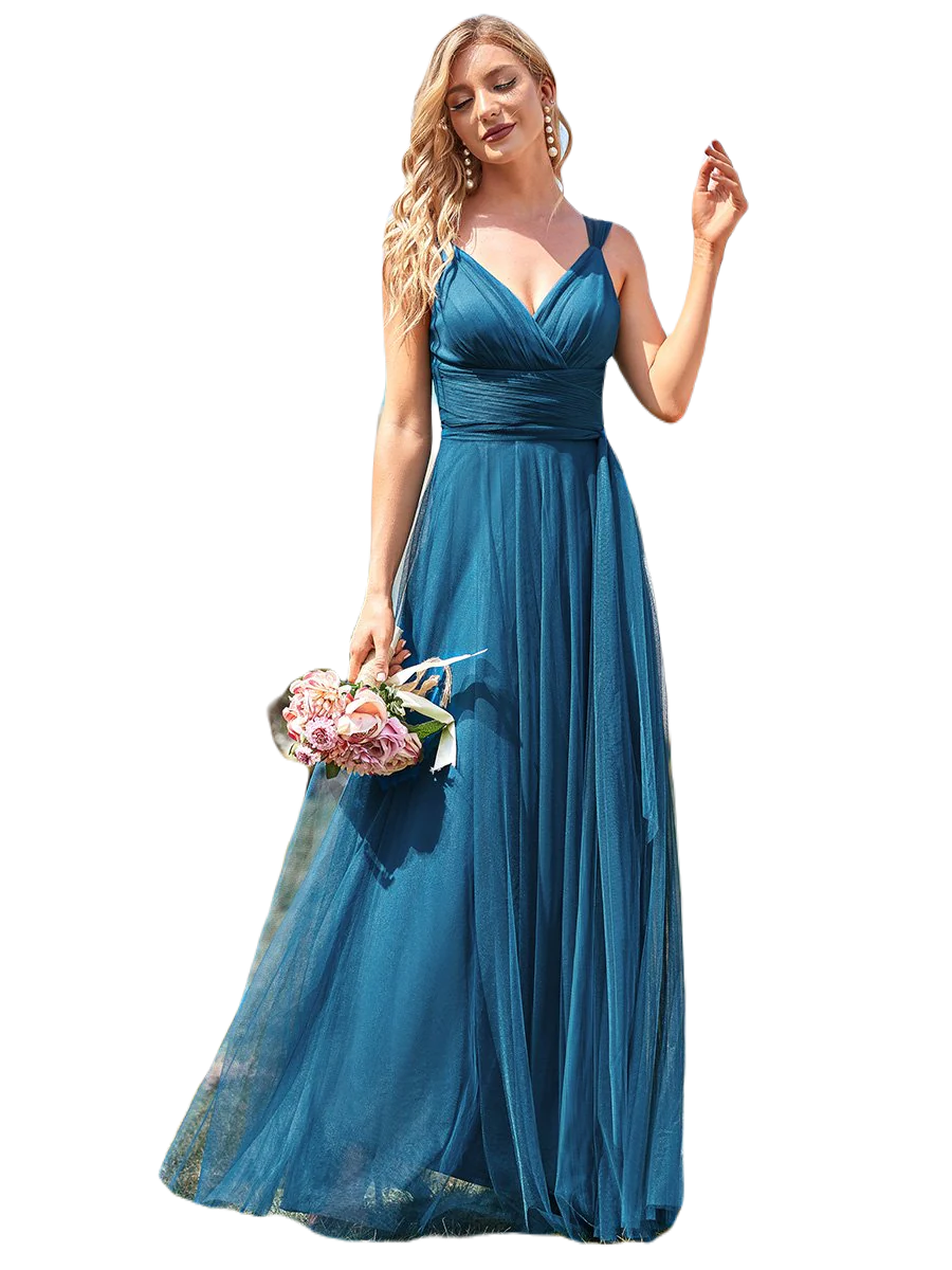 Vestido Elegante de Fiesta Largo Azul Petróleo Curvy Damas Honor o Invitada con Tul Tallas Ch a Talla Extra