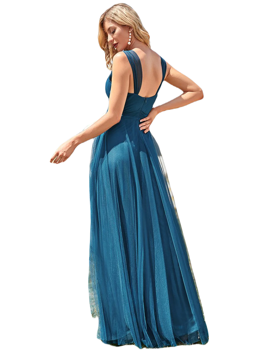 Vestido Elegante de Fiesta Largo Azul Petróleo Curvy Damas Honor o Invitada con Tul Tallas Ch a Talla Extra