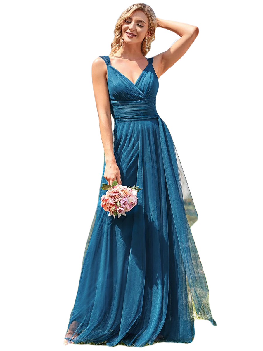 Vestido Elegante de Fiesta Largo Azul Petróleo Curvy Damas Honor o Invitada con Tul Tallas Ch a Talla Extra