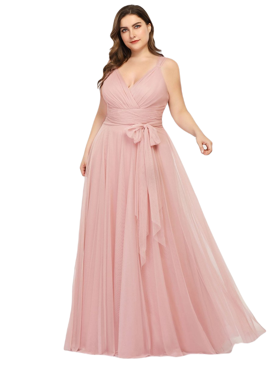 Vestido Elegante de Fiesta Largo Rosa Palo Curvy Damas Honor o Invitada con Tul Tallas Ch a Talla Extra