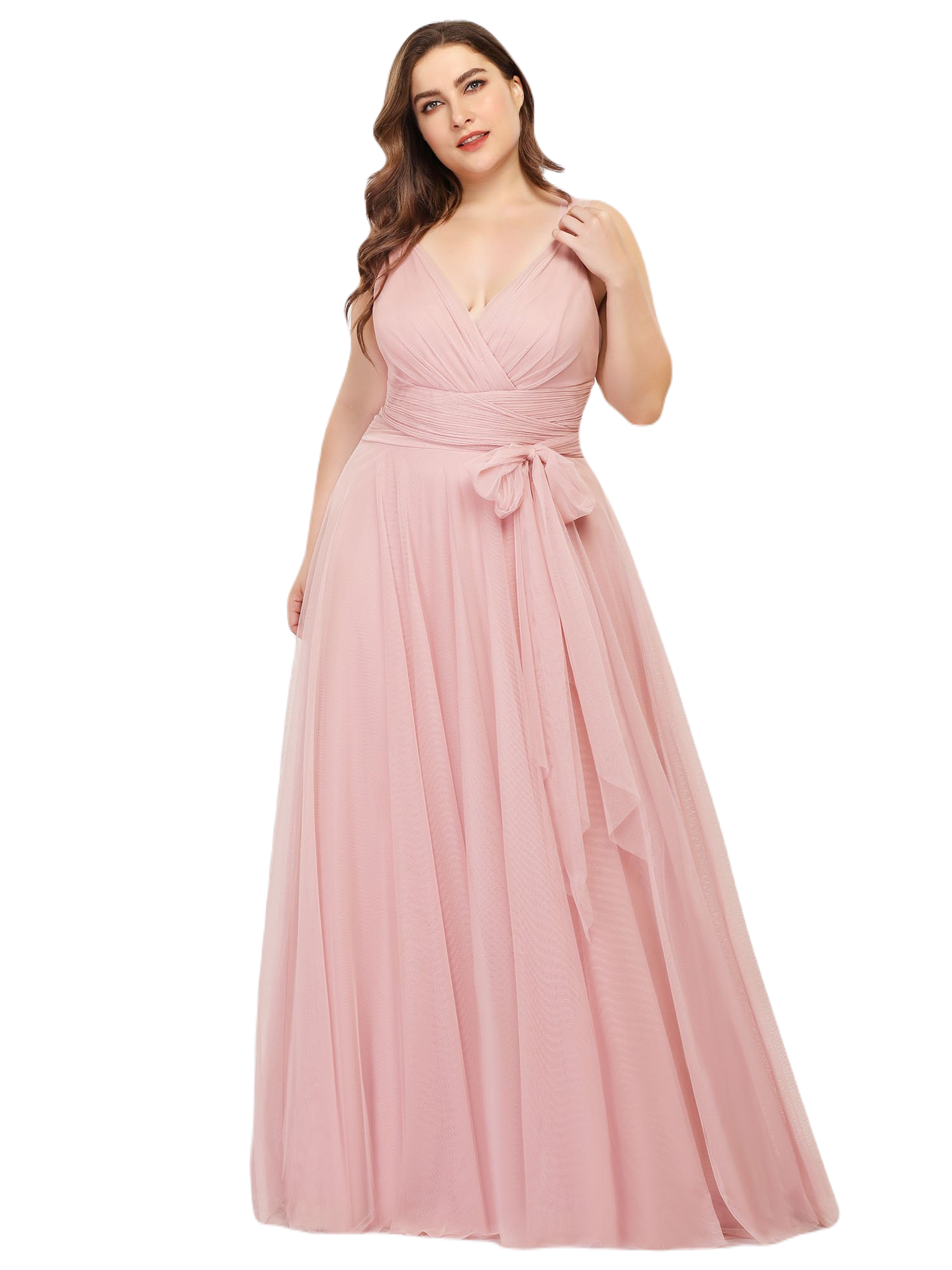 Vestido Elegante de Fiesta Largo Rosa Palo Curvy Damas Honor o Invitada con Tul Tallas Ch a Talla Extra