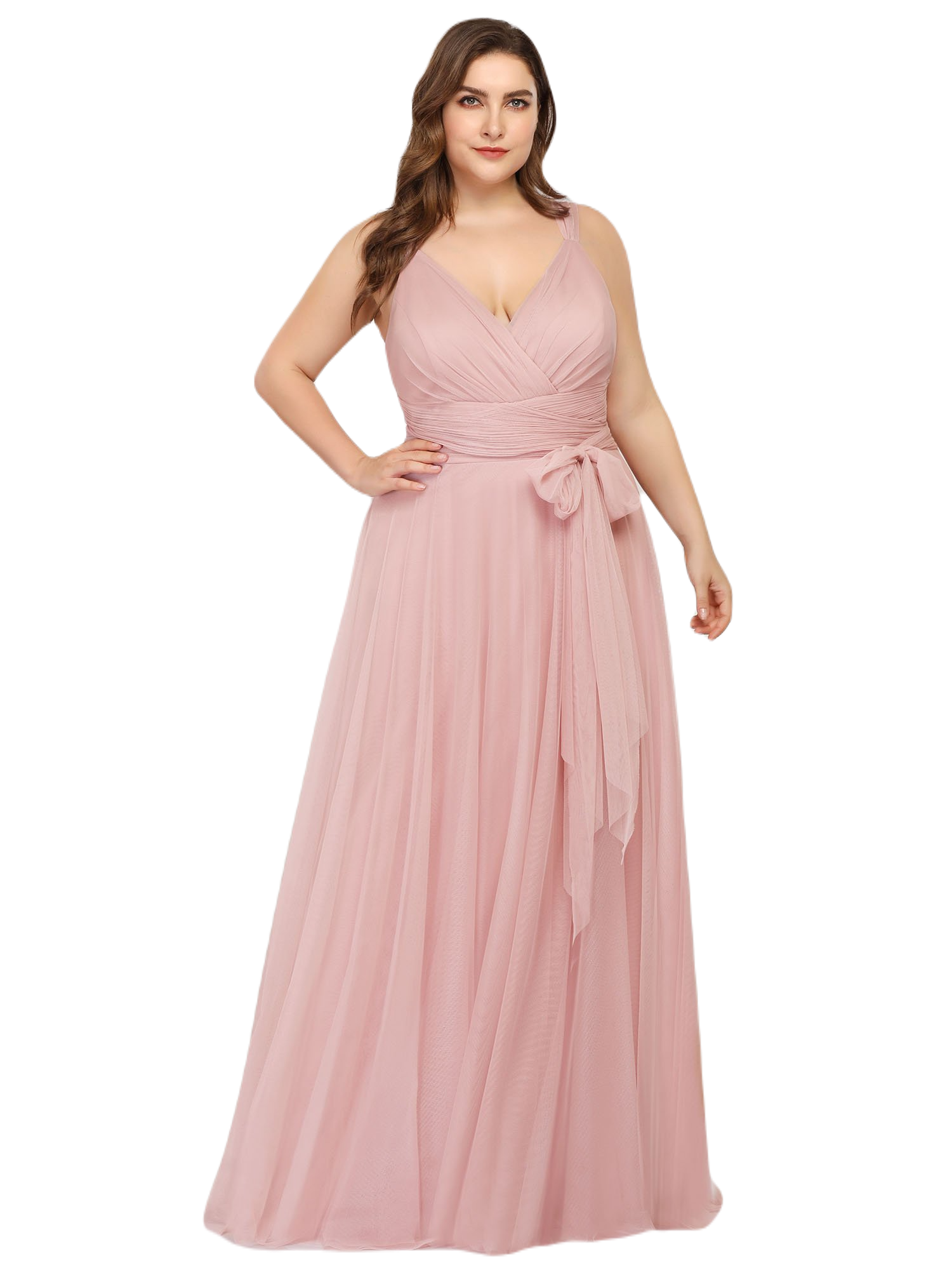 Vestido Elegante de Fiesta Largo Rosa Palo Curvy Damas Honor o Invitada con Tul Tallas Ch a Talla Extra