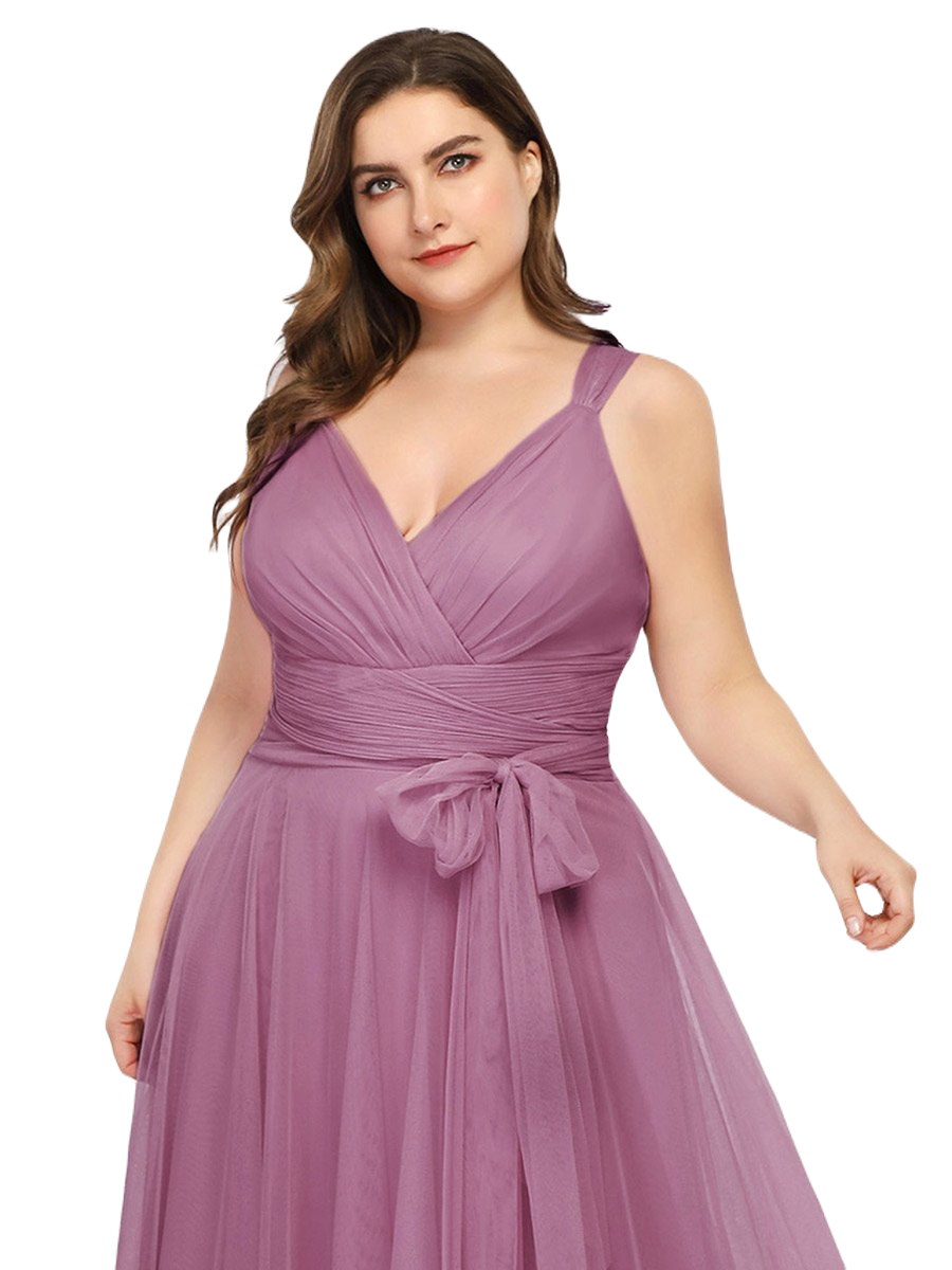 Vestido Elegante de Fiesta Largo Mauve Lila Curvy Damas Honor o Invitada con Tul Tallas Ch a Talla Extra