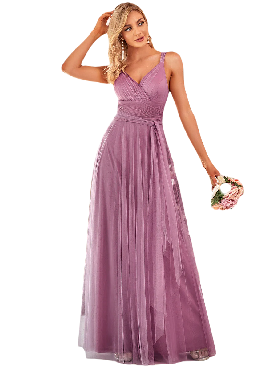 Vestido Elegante de Fiesta Largo Mauve Lila Curvy Damas Honor o Invitada con Tul Tallas Ch a Talla Extra