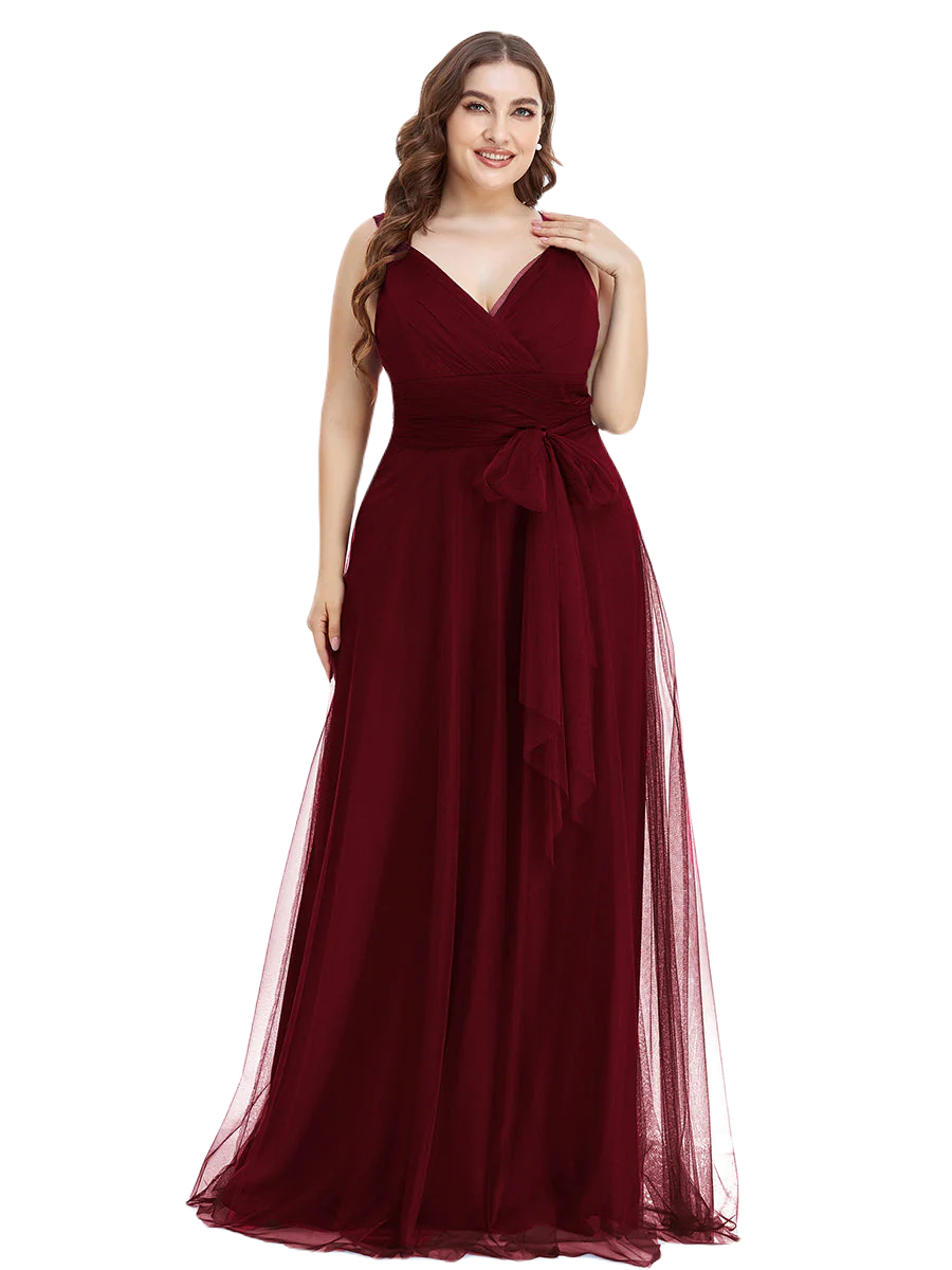 Vestido Elegante de Fiesta Largo Guinda Vino Curvy Damas Honor o Invitada con Tul Tallas Ch a Talla Extra