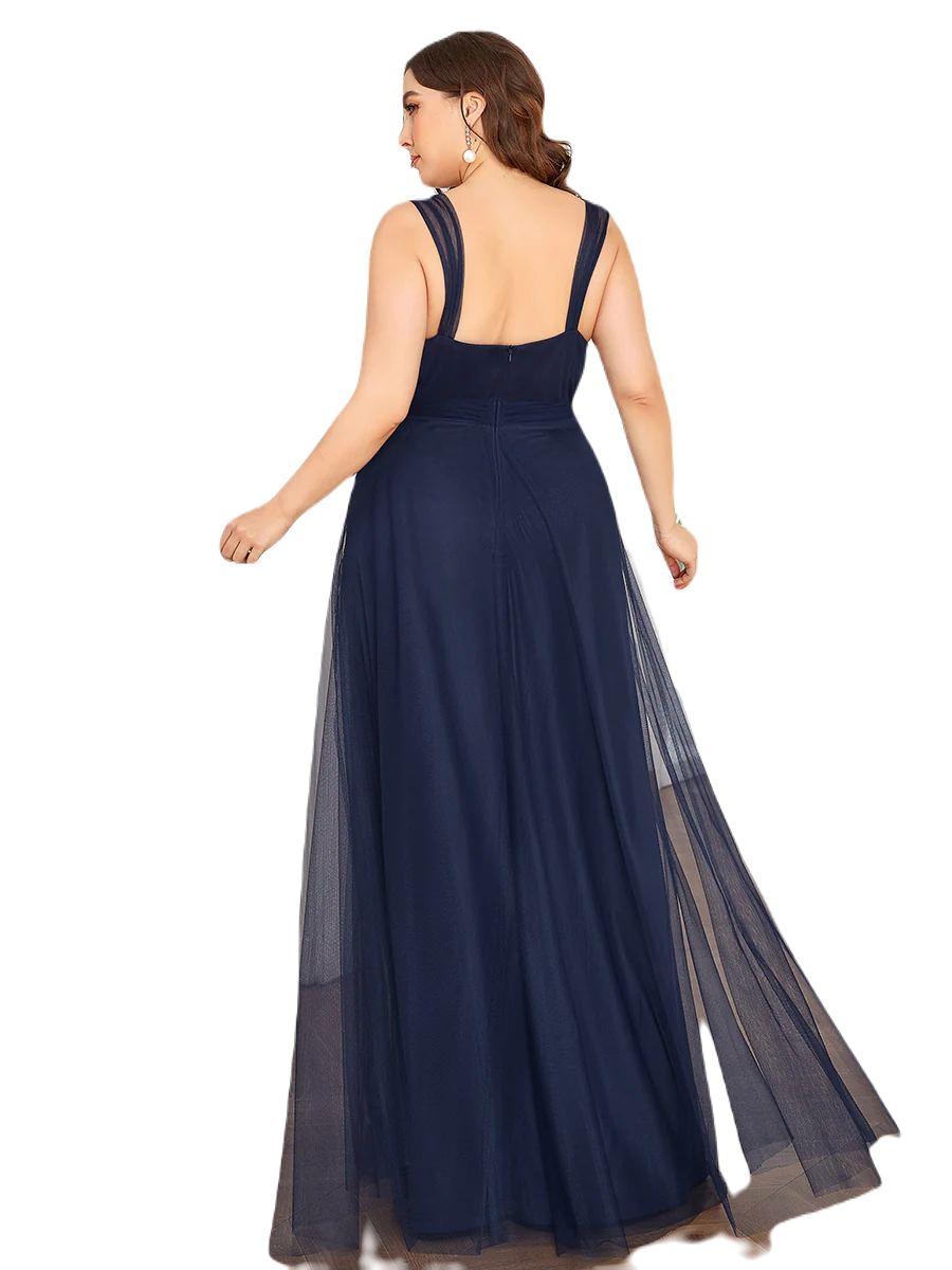 Vestido Elegante de Fiesta Largo Azul Marino Curvy Damas Honor o Invitada con Tul Tallas Ch a Talla Extra