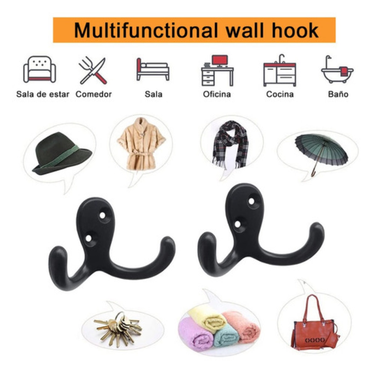 10 Piezas Ganchos Perchero Acero Inox Doble Colgador Pared Negro 