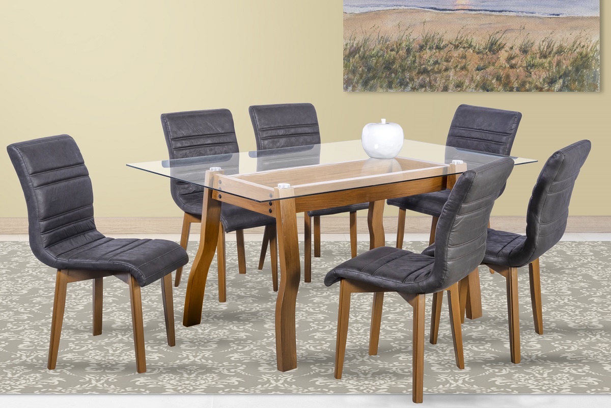 Comedor Parma Negro 6 Sillas Rectangular Madera y Cristal.