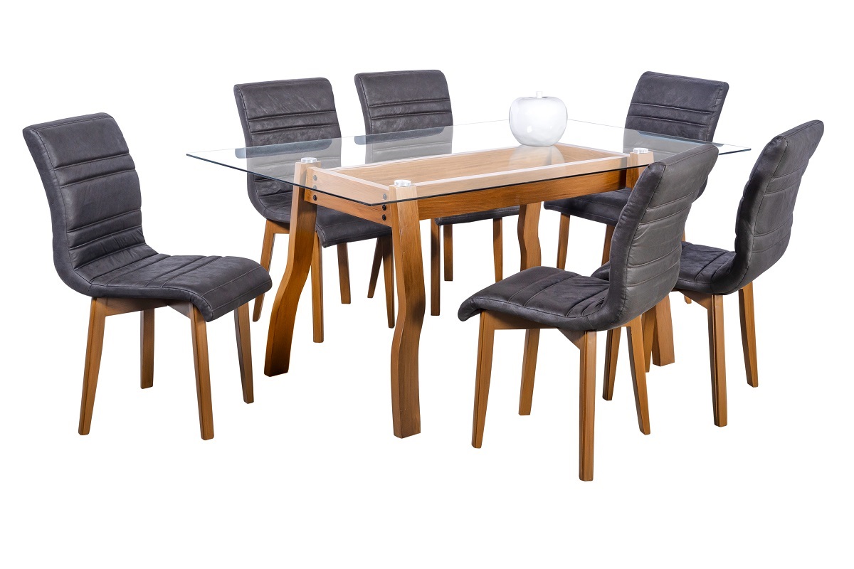 Comedor Parma Negro 6 Sillas Rectangular Madera y Cristal.