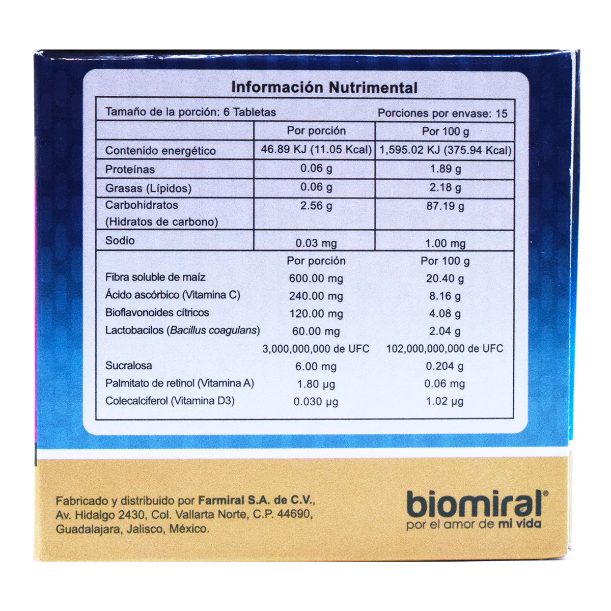 EXZON 490MG C/90 TABLETAS MASTICABLES Biomiral, Fibra soluble de maíz 100 mg