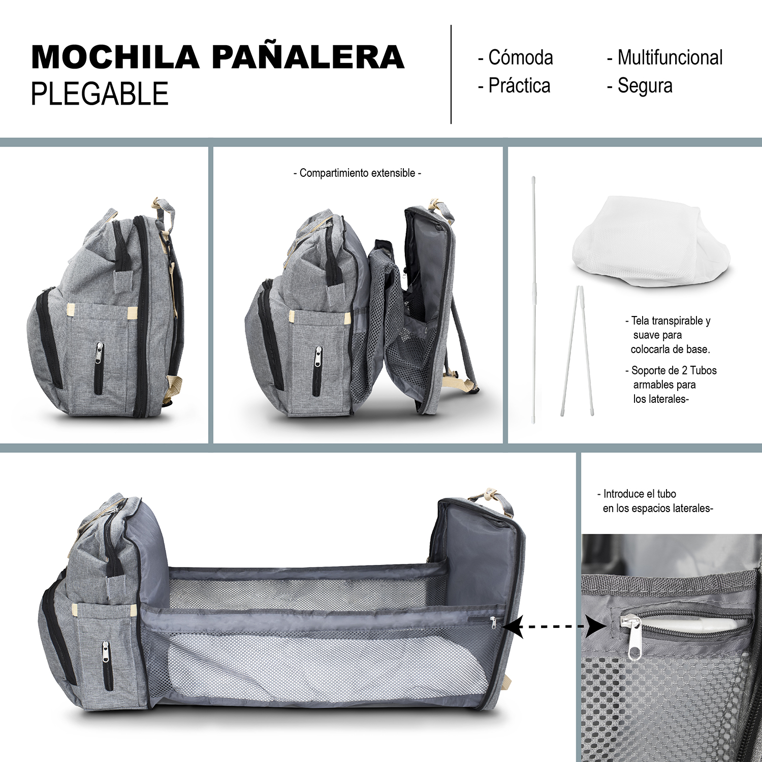Mochila Pañalera cambiador Multifuncional en color Gris
