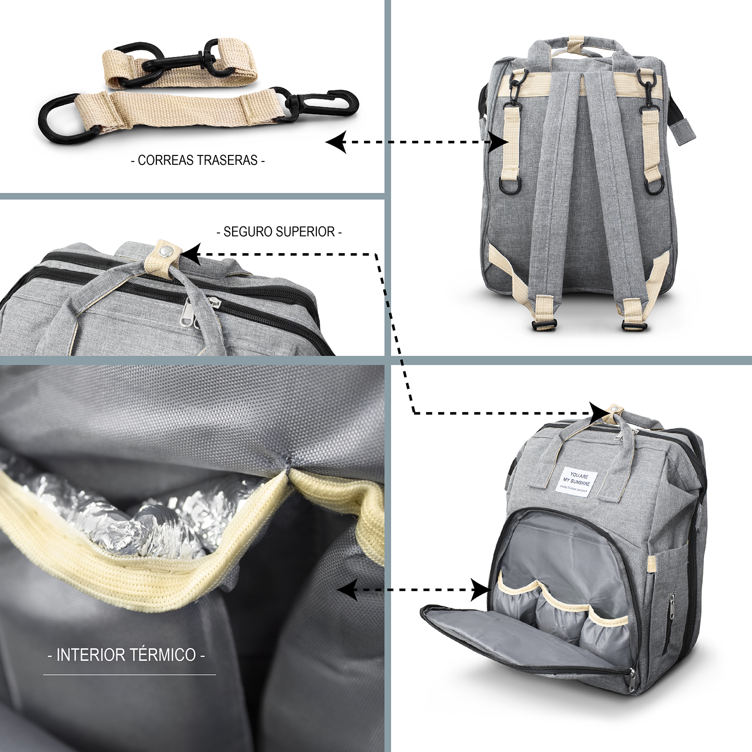 Mochila Pañalera cambiador Multifuncional en color Gris