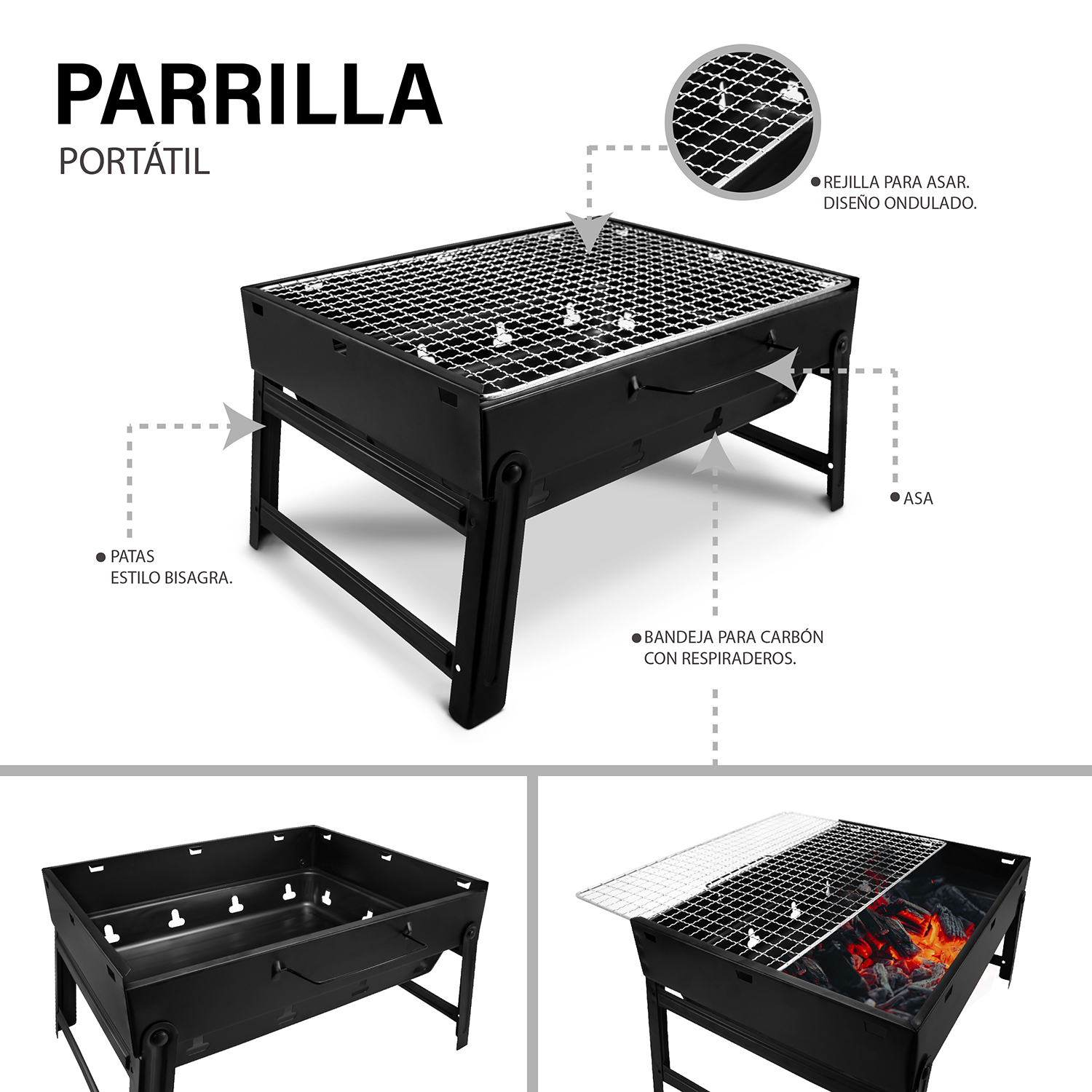 Parrilla Asador Portatil A Carbon Para Exteriores Dia De Campo Carne BBQ  Patio